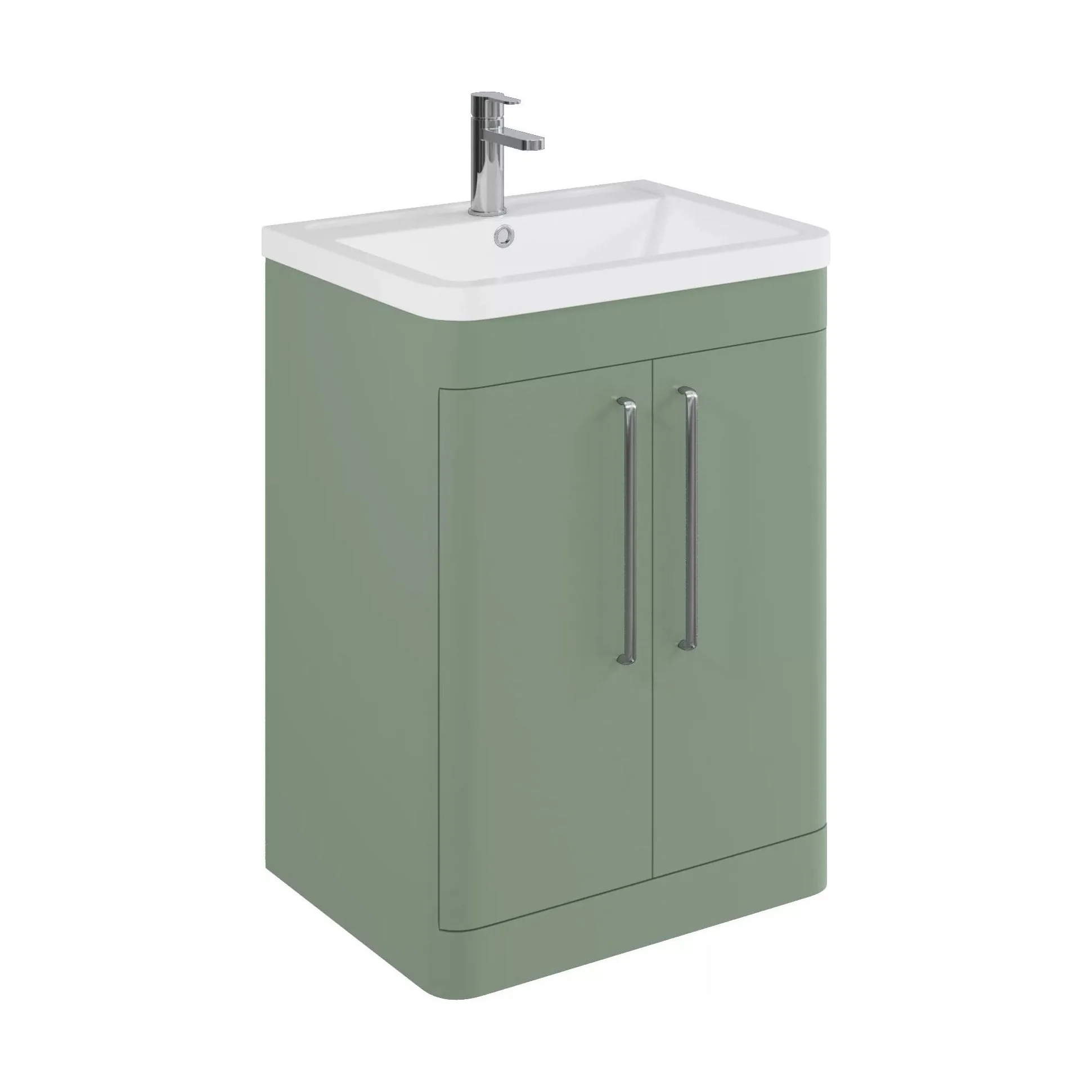 Balterley Contemporary Bathroom Floor Standing Vanity with 2 Soft Close Doors & 1 Tap Hole Polymarble Basin, Satin Green, 600mm