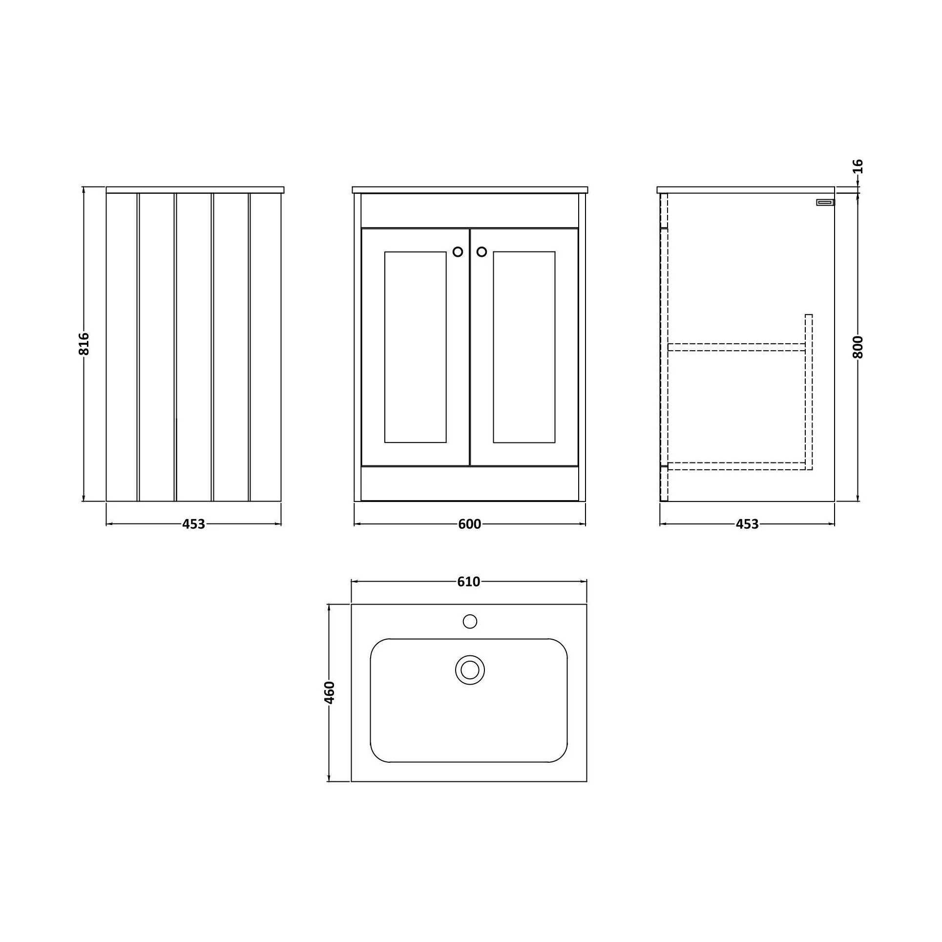 Balterley 600mm Floor Standing 2 Door Unit & Stone Basin 1 Tap Hole - Satin White - Image 2