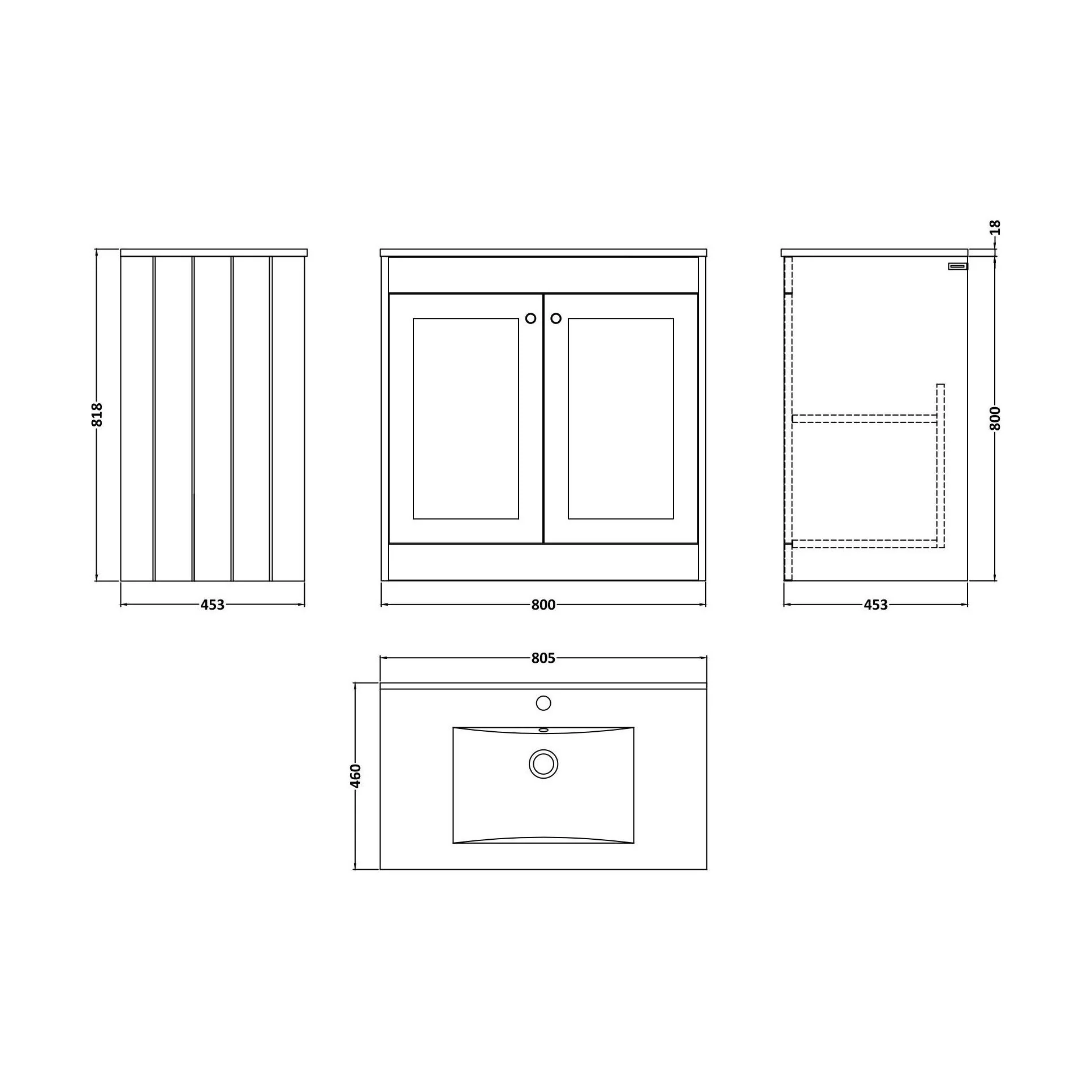 Balterley 800mm Floor Standing 2 Door Unit with Minimalist Basin 1 Tap Hole - Satin White - Image 2
