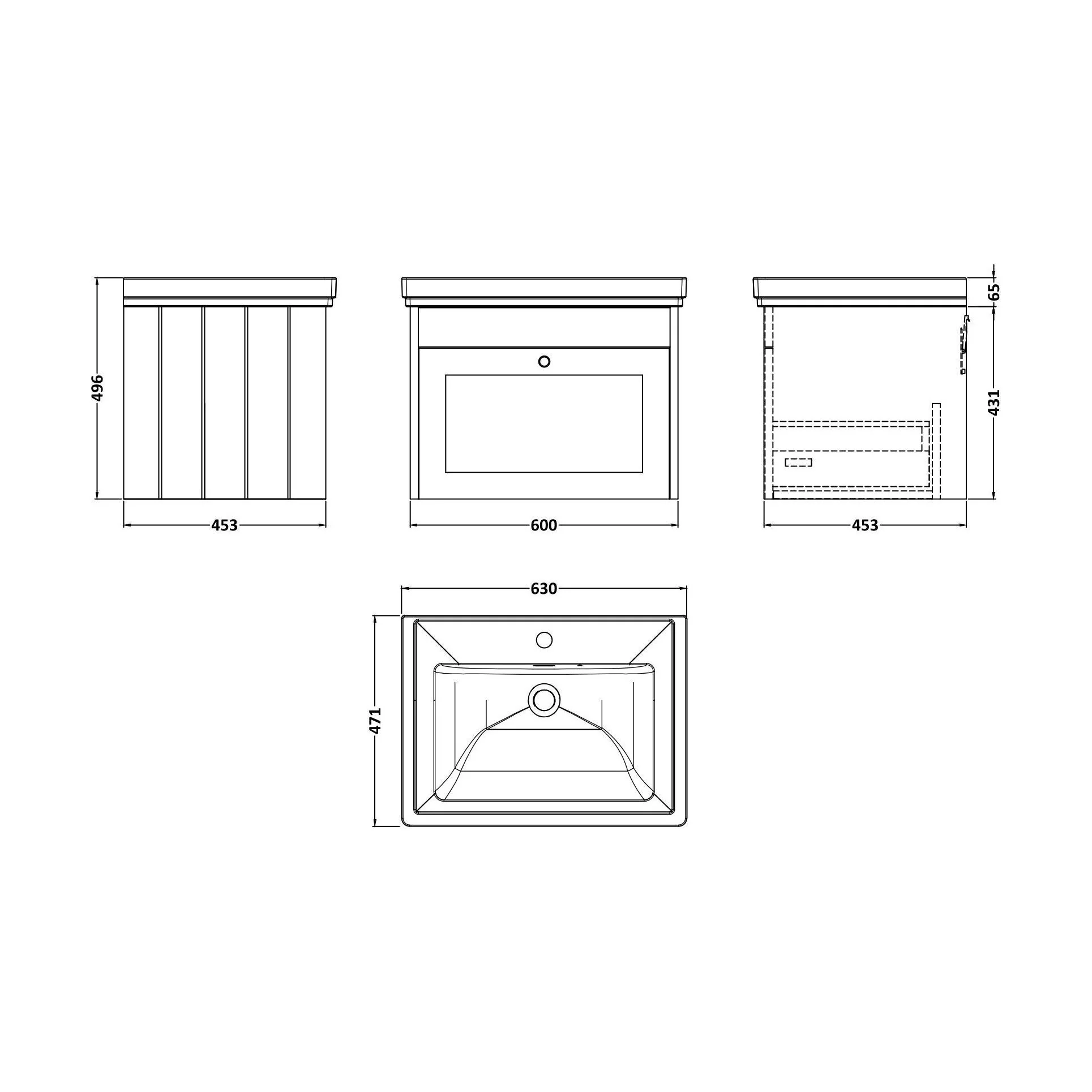 Balterley 600mm Wall Hung 1 Drawer Unit with Classic Basin 1 Tap Hole - Satin White - Image 2