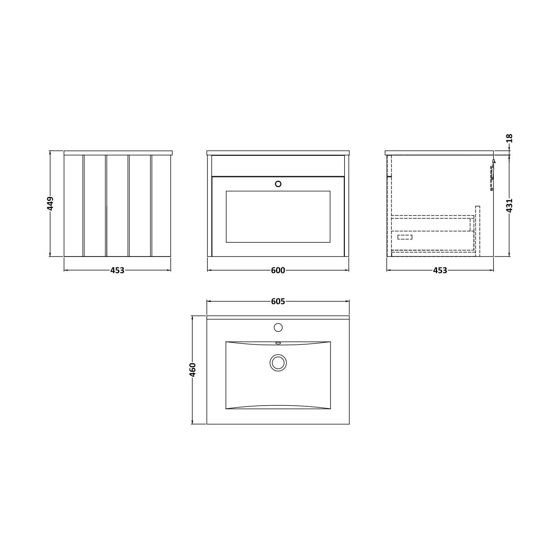 Balterley 600mm Wall Hung 1 Drawer Unit with Minimalist Basin 1 Tap Hole - Satin White - Image 2