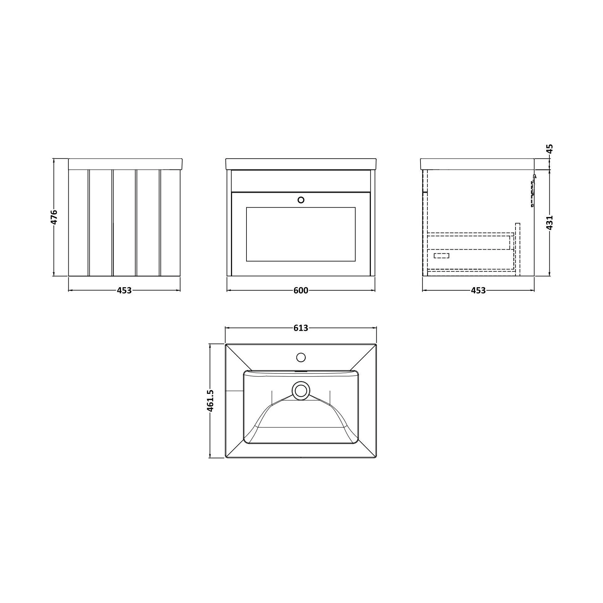 Balterley 600mm Wall Hung 1 Drawer Unit with Minimalist Basin No Tap Hole - Satin White - Image 2