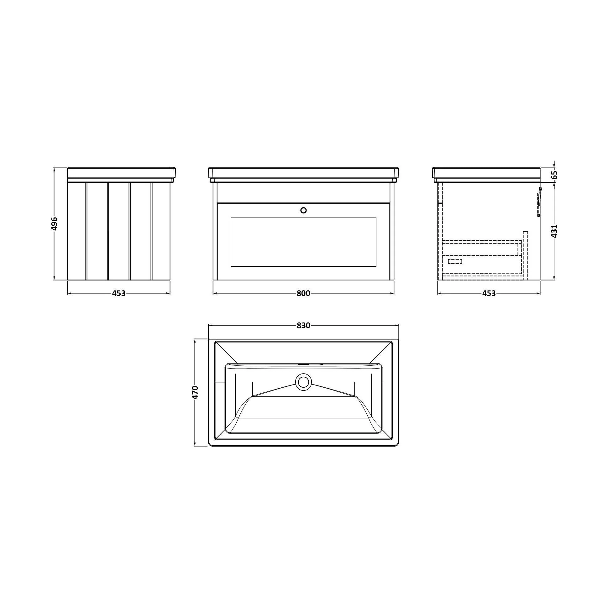 Balterley 800mm Wall Hung 1 Drawer Unit with Classic Basin No Tap Hole - Satin White - Image 2