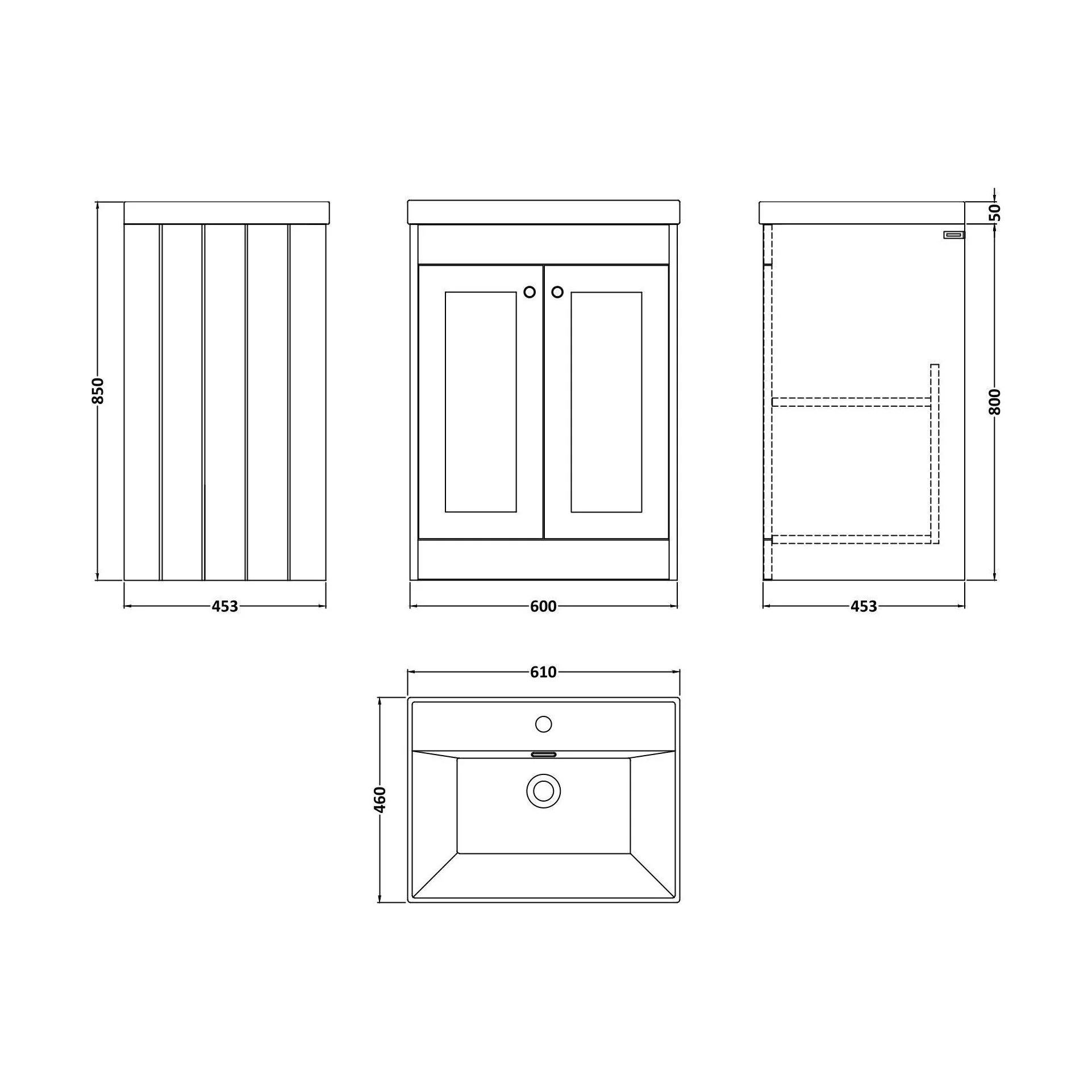 Balterley 600mm Floor Standing 2 Door Unit with Thin Edge Basin 1 Tap Hole - Satin Grey - Image 2