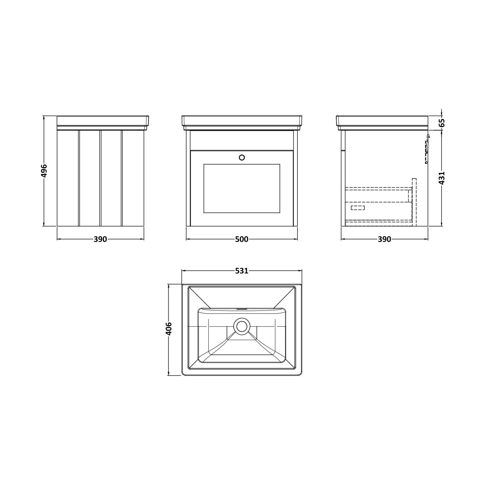 Balterley 500mm Wall Hung 1 Drawer Unit with Classic Basin No Tap Hole - Pebble Grey - Image 2