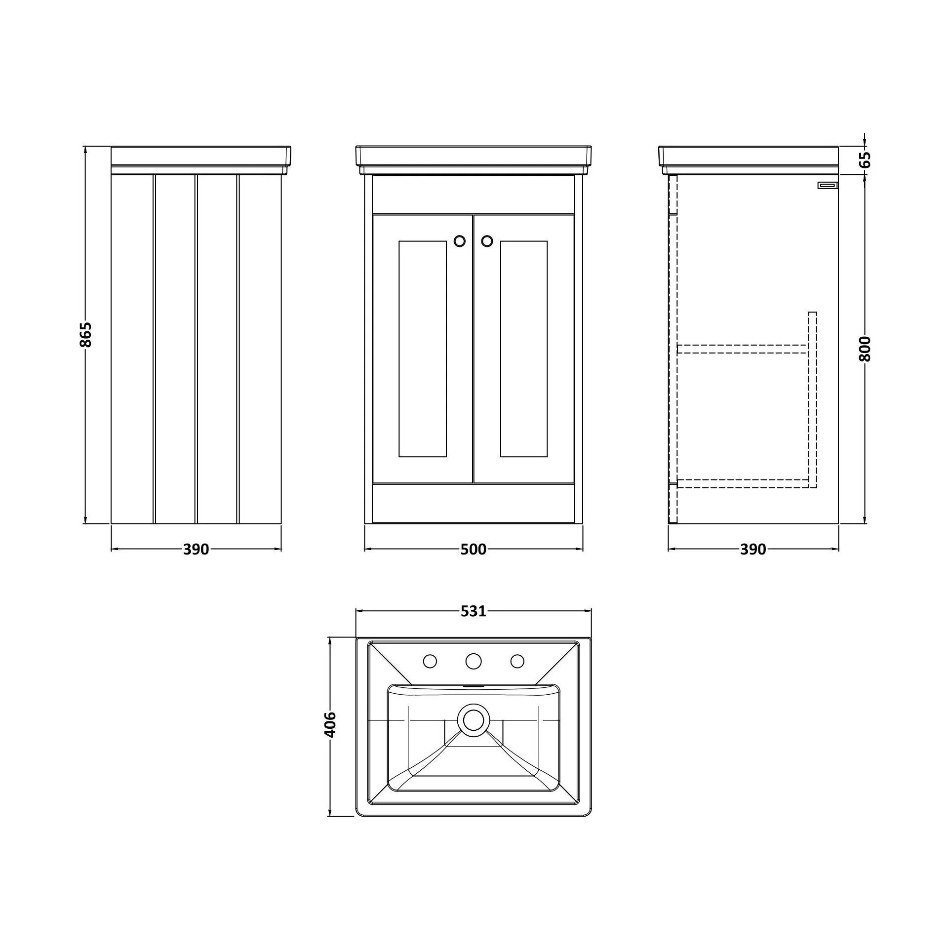 Balterley 500mm Floor Standing 2 Door Unit with Classic Basin 3 Tap Hole - Satin Green - Image 2