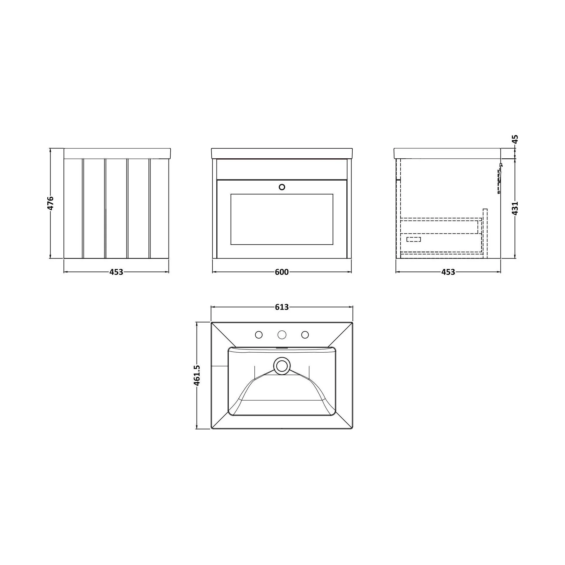 Balterley 600mm Wall Hung 1 Drawer Unit with Minimalist Basin 3 Tap Hole - Satin Green - Image 2