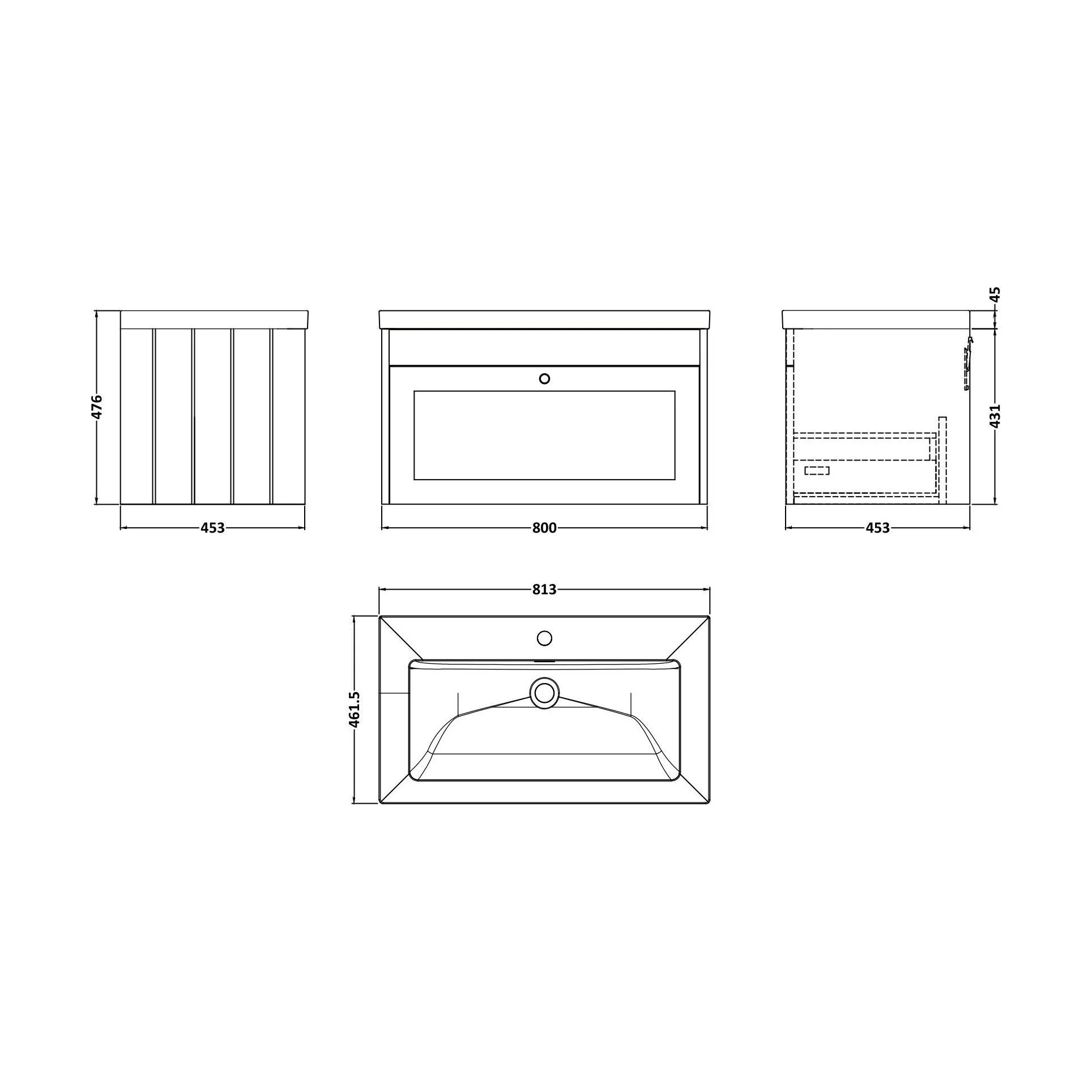 Balterley 800mm Wall Hung 1 Drawer Unit with Minimalist Basin No Tap Hole - Satin Green - Image 2