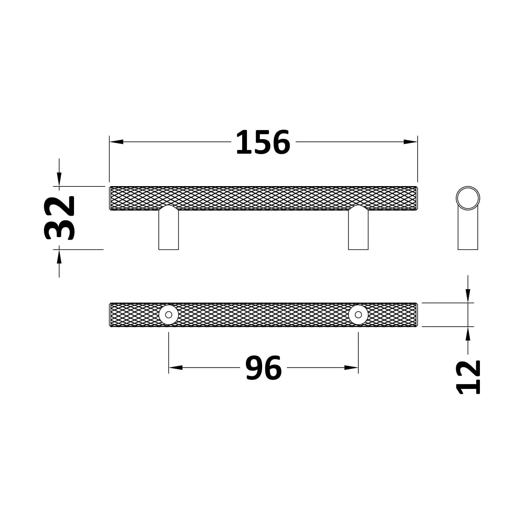 Furniture Handle Textured Knurled Bar Handle, 156mm (96mm Centres) - Matt Black - Image 2