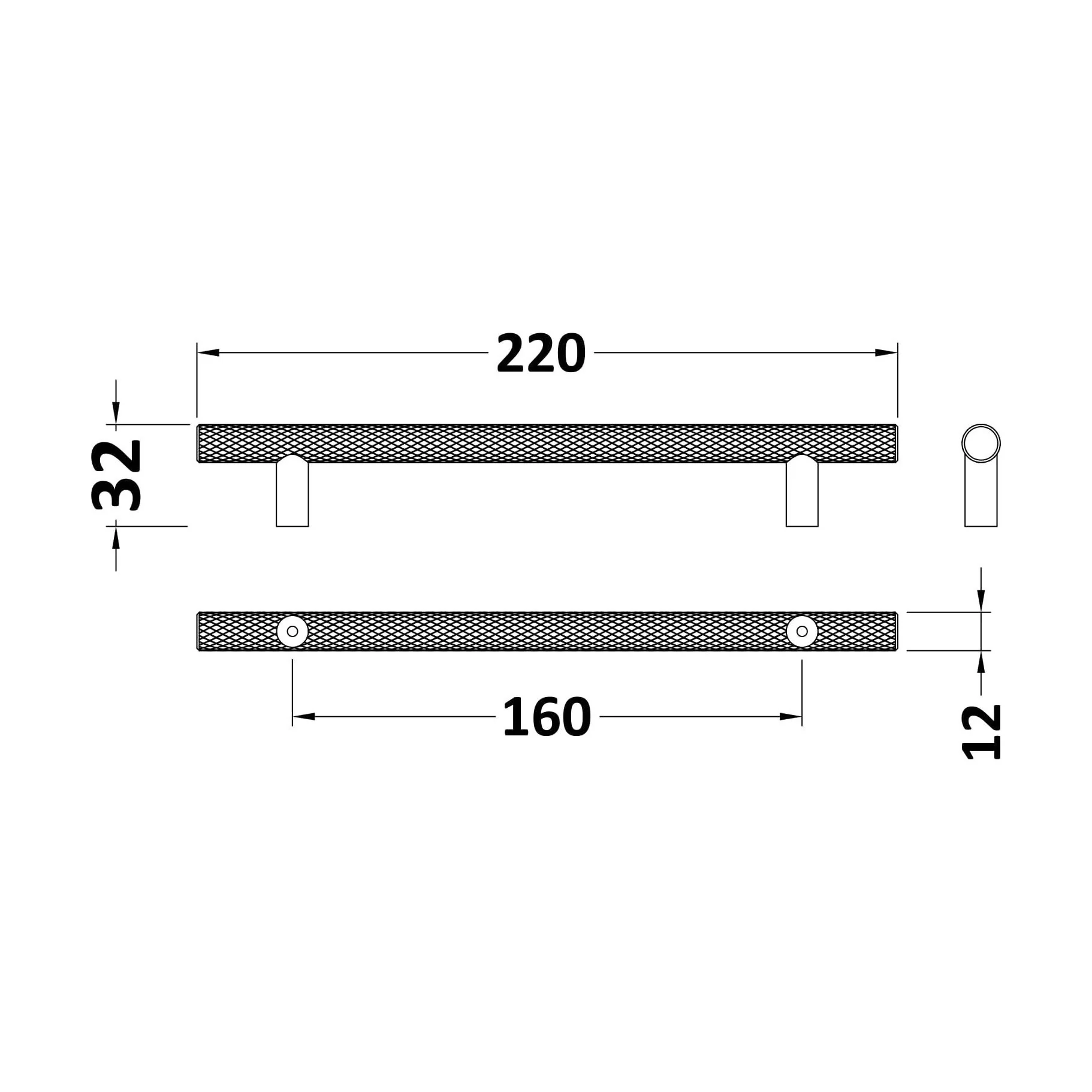 Furniture Handle Textured Knurled Bar Handle, 220mm (160mm Centres) - Brushed Brass - Image 2