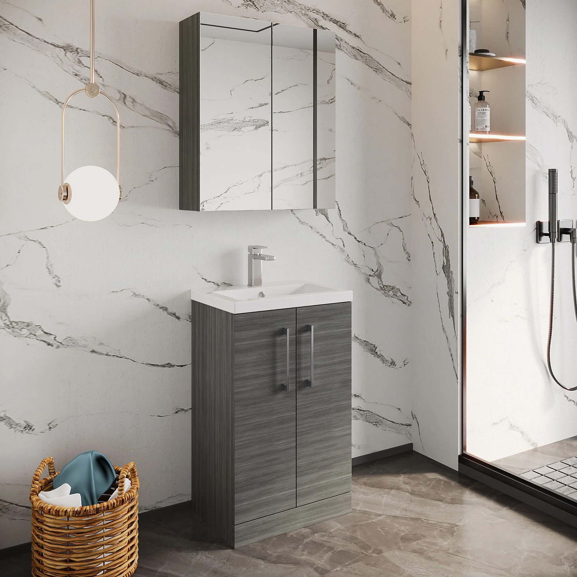 Balterley Level Compact Bathroom Cloakroom Vanity Basin Unit with Polymarble Basin, Chrome Handles, 500mm, Woodgrain Grey - Image 3