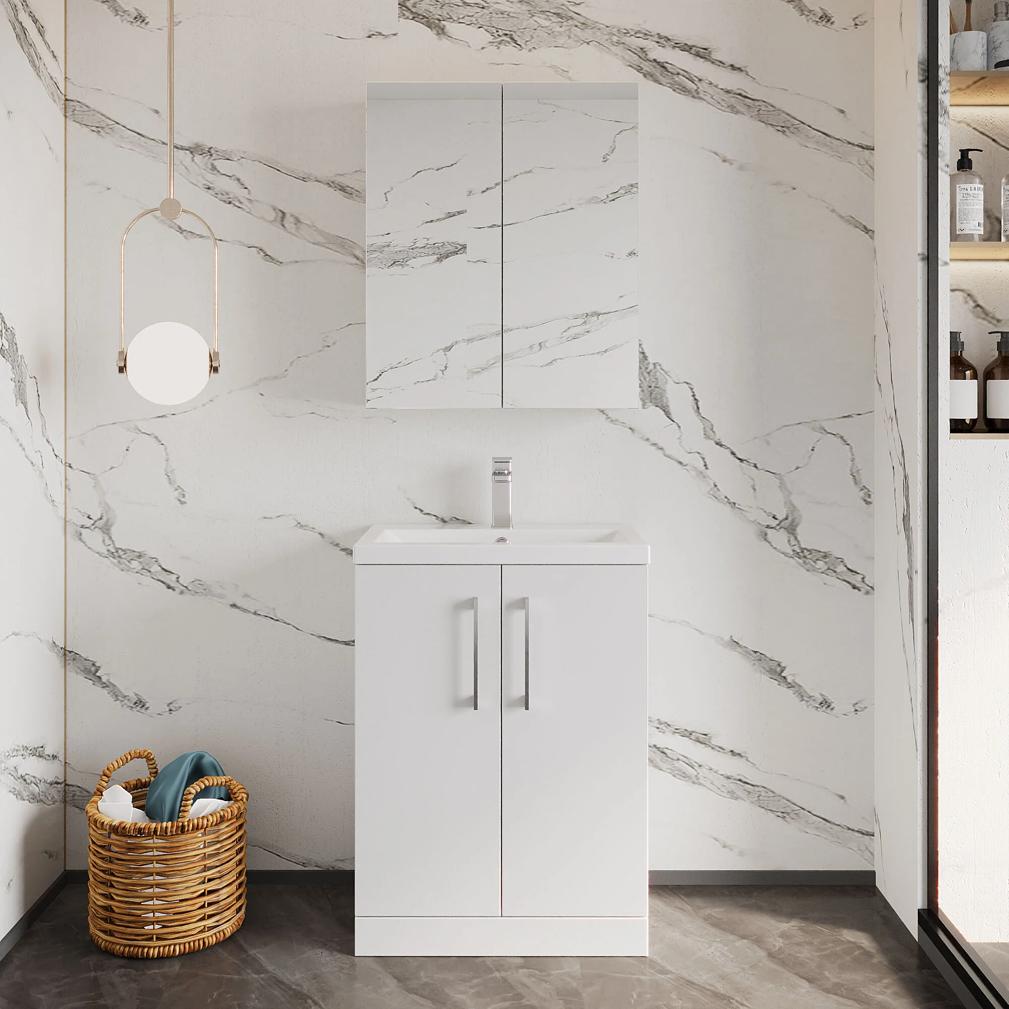 Balterley Level Compact Bathroom Cloakroom Vanity Basin Unit with Ceramic Basin, Chrome Handles, 600mm, Gloss White - Image 2