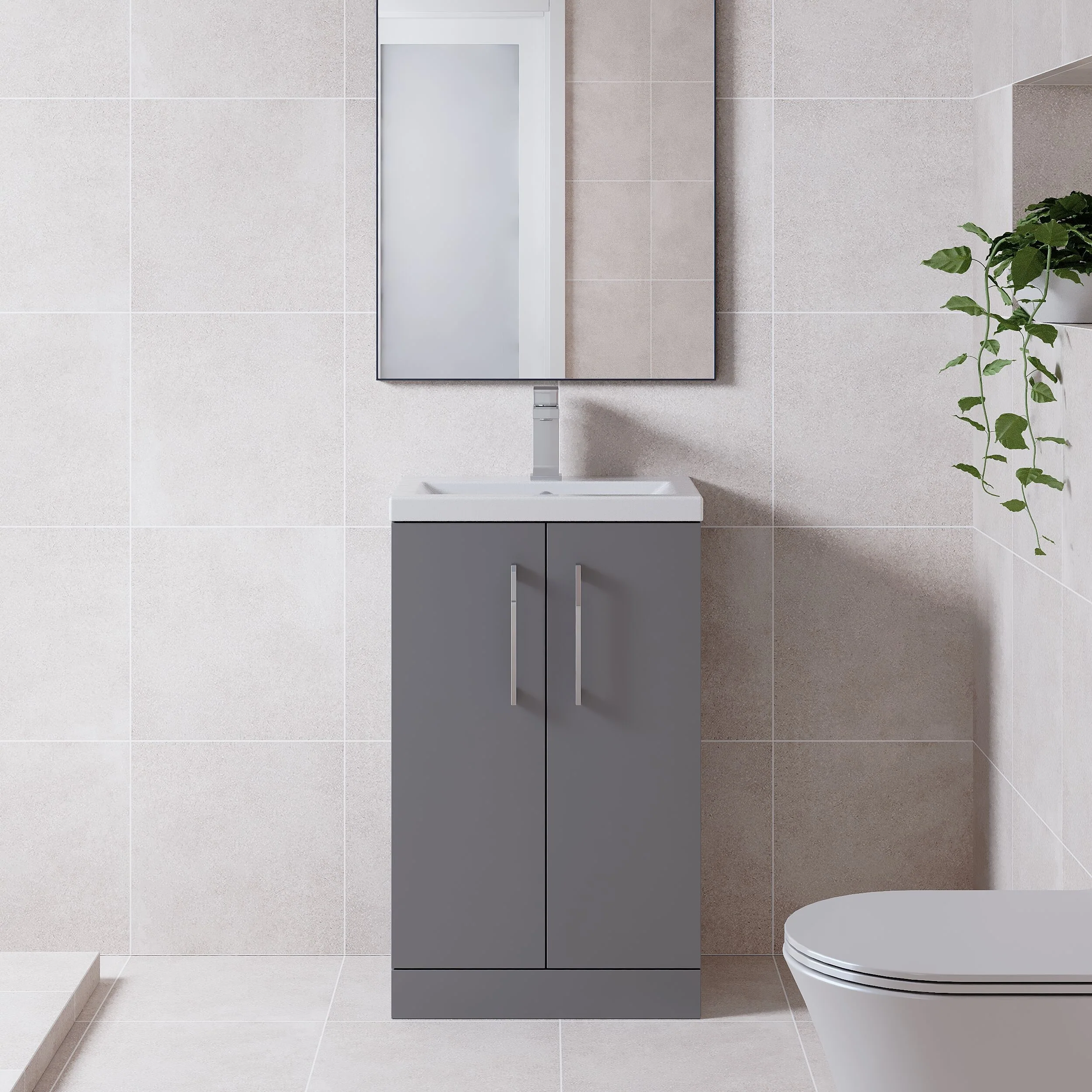 Balterley Level Compact Bathroom Cloakroom Vanity Basin Unit with Polymarble Basin, Chrome Handles, 600mm, Satin Grey - Image 2