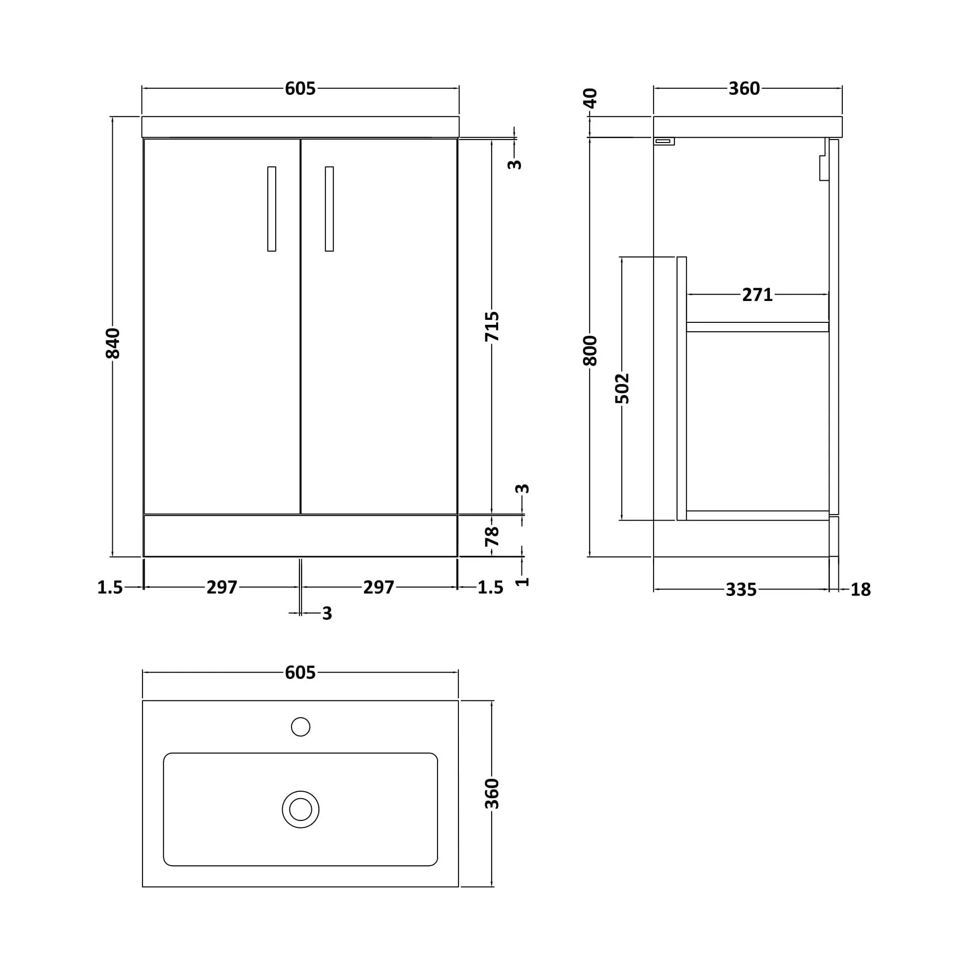 Balterley Level Compact Bathroom Cloakroom Vanity Basin Unit with Polymarble Basin, Chrome Handles, 600mm, Satin Grey - Image 5