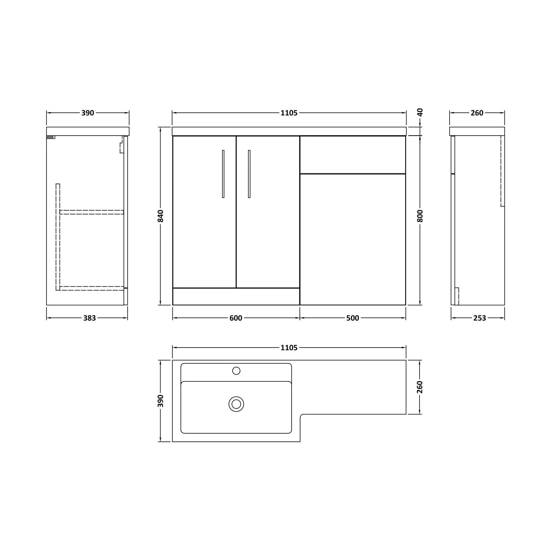Bramshall Combination Vanity Unit with Basin & WC, Left Hand, 1100mm x 390mm - Choice of Colour and Handle Finish - Image 167