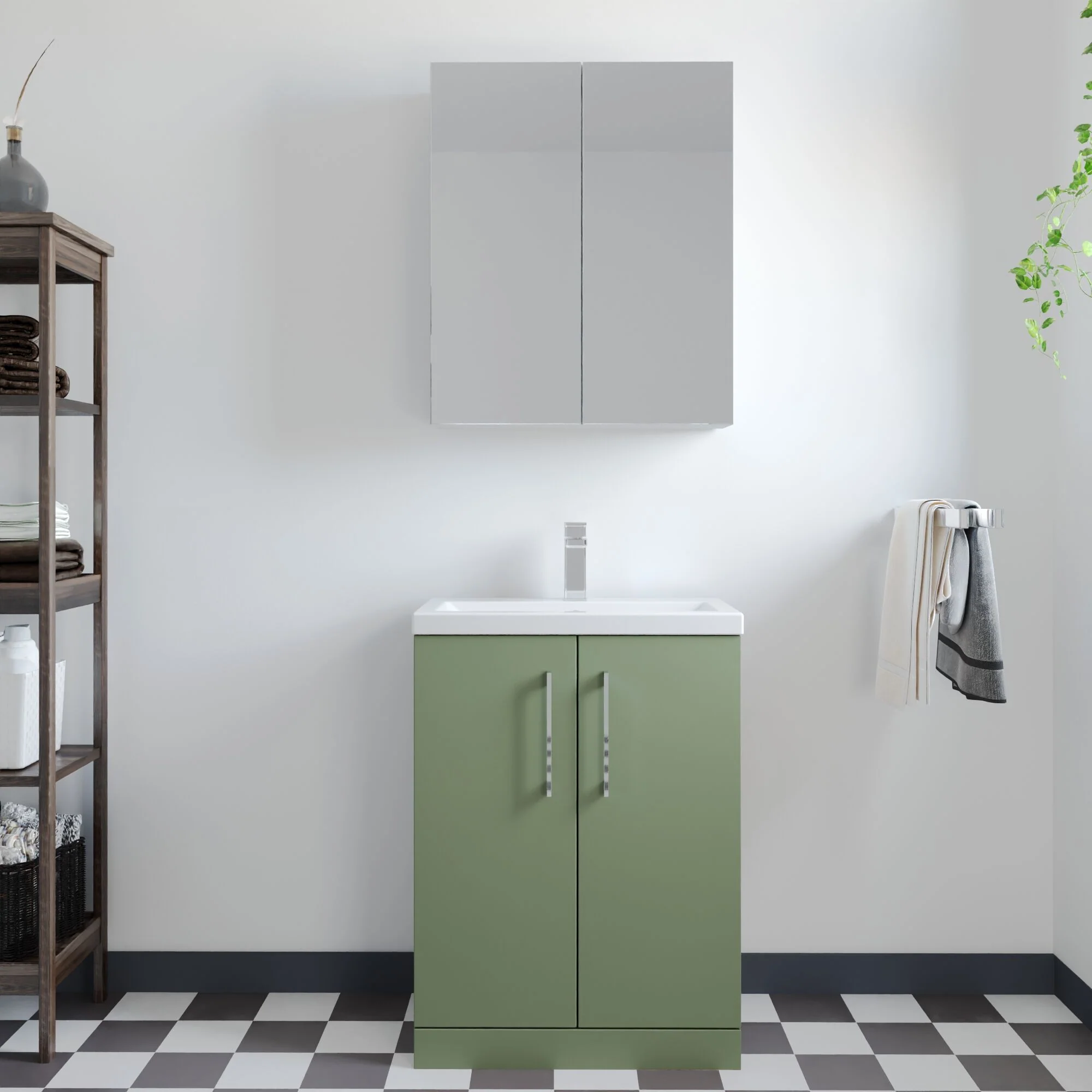 Balterley Level Compact Bathroom Cloakroom Vanity Basin Unit with Ceramic Basin, Chrome Handles, 600mm, Satin Green - Image 2