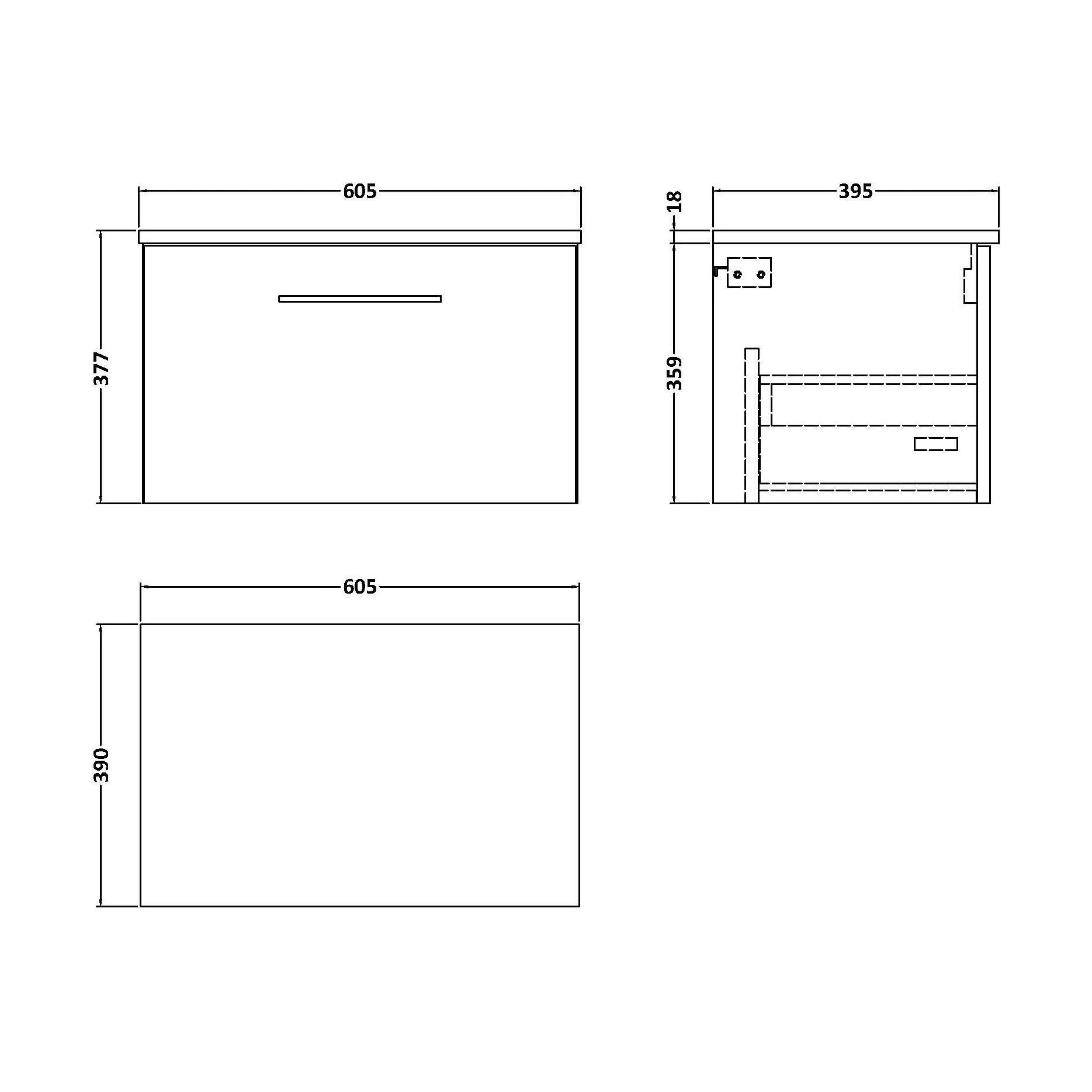 Balterley Level 600mm Wall Hung 1 Drawer Vanity Unit with Worktop Modern Compact Bathroom Storage - Gloss White - Image 2