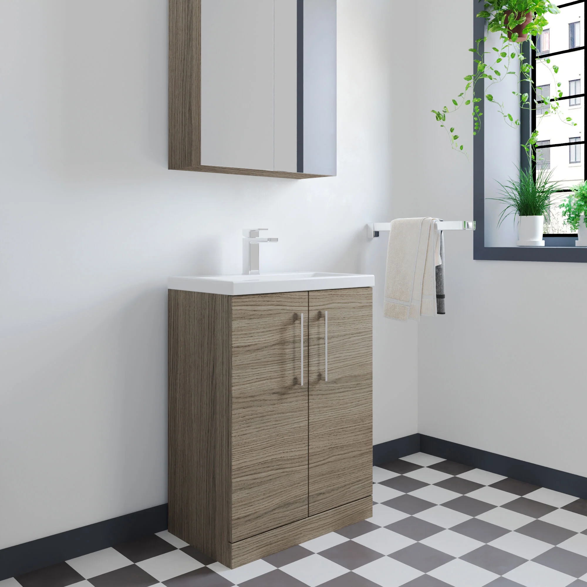 Balterley Level Compact Bathroom Cloakroom Vanity Basin Unit with Polymarble Basin, Chrome Handles, 600mm, Mid Oak - Image 4