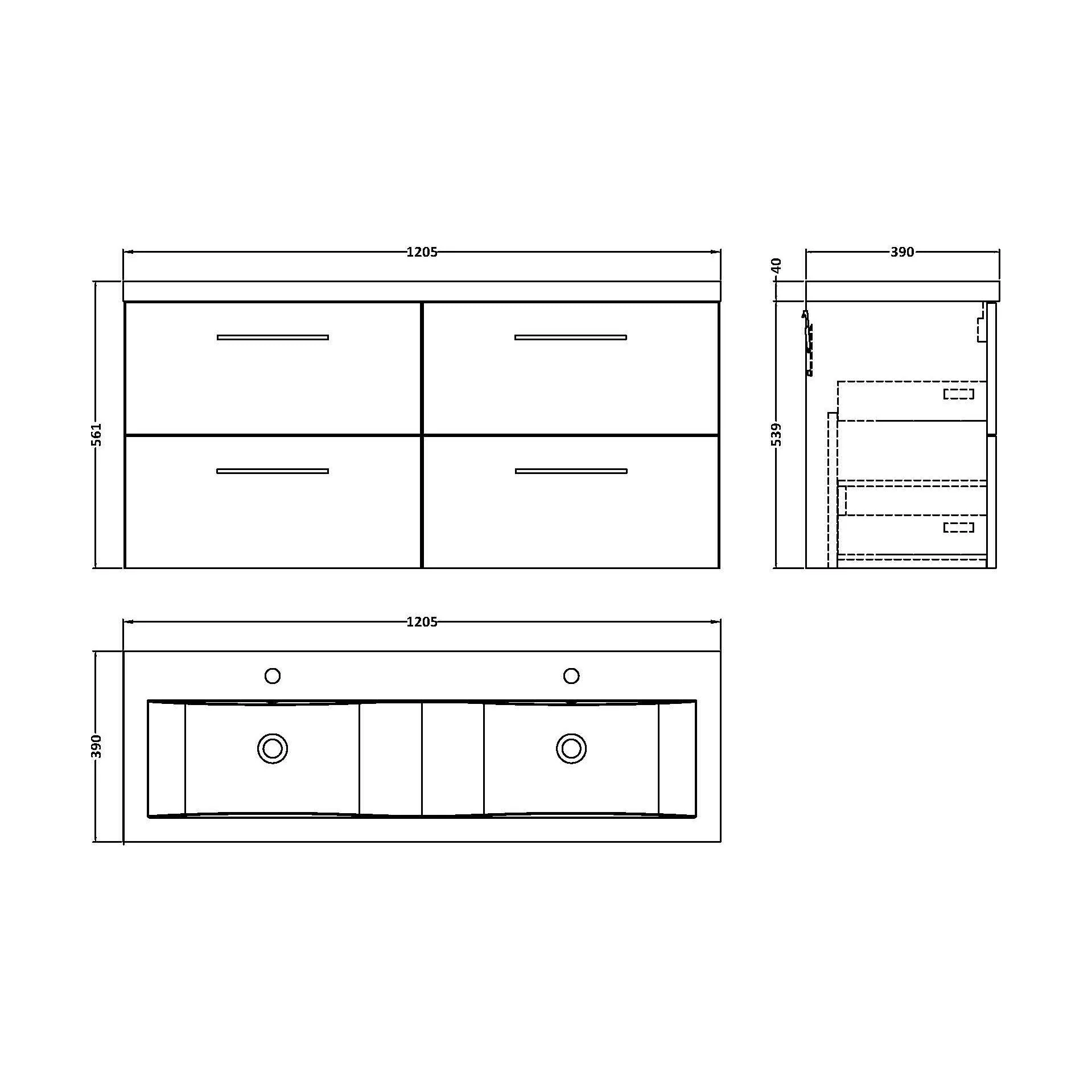 Balterley Level 1200mm Wall Hung 4-Drawer Vanity Unit with Double Basin for Modern Bathroom Storage - Gloss White - Image 30