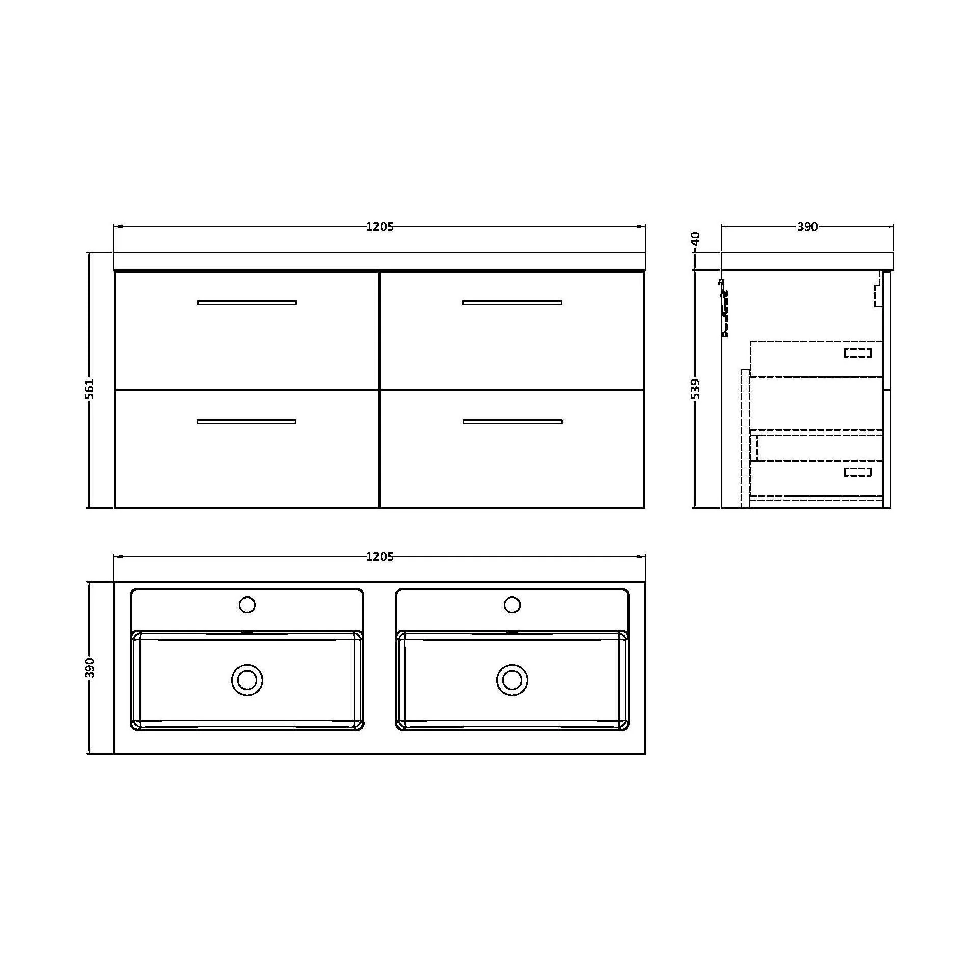Balterley Level 1200mm Wall Hung 4-Drawer Vanity Unit with Double Basin for Modern Bathroom Storage - Gloss White - Image 45