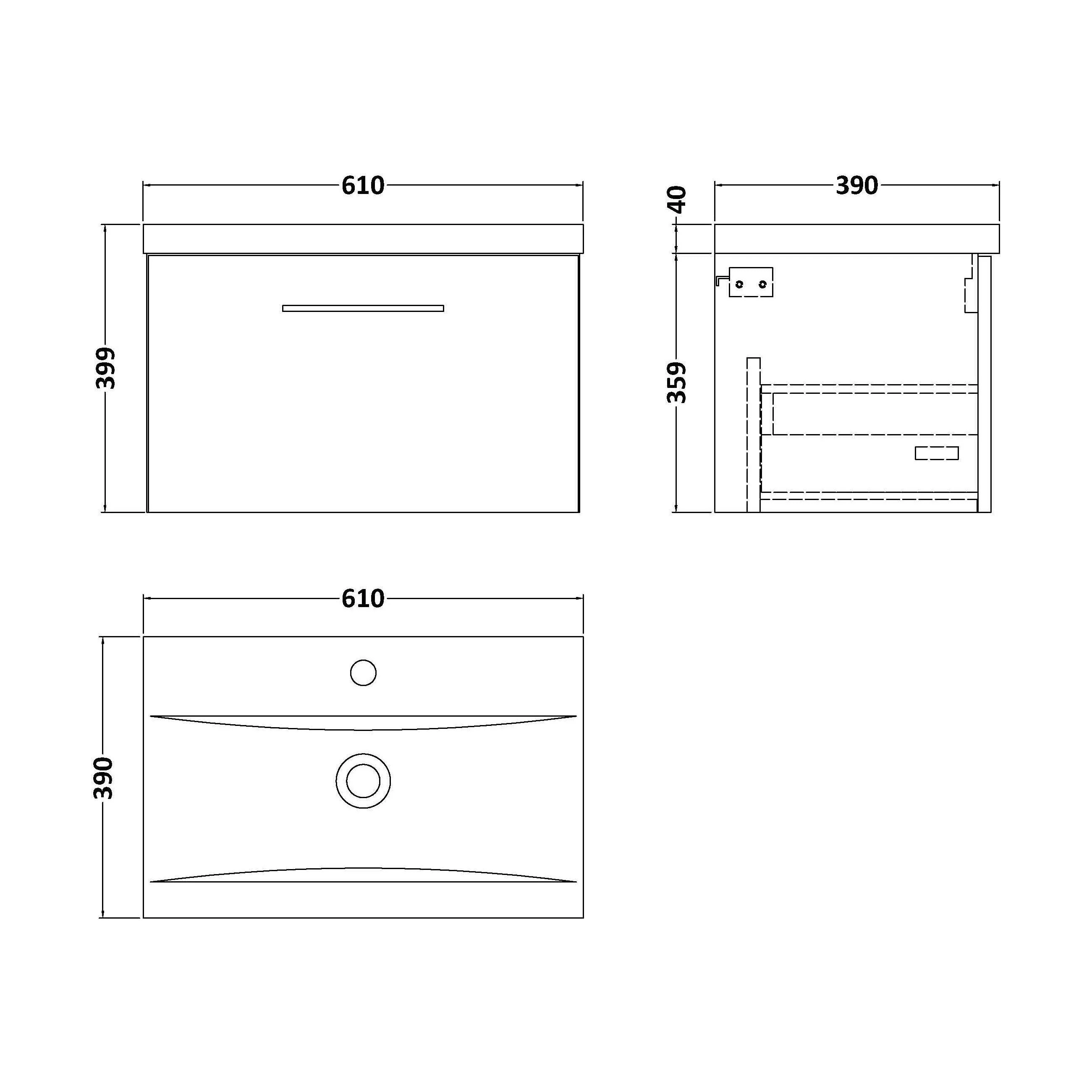 Bramshall Wall Hung 1 Drawer Vanity Unit with Mid-Edge Ceramic Basin 600mm - Image 186