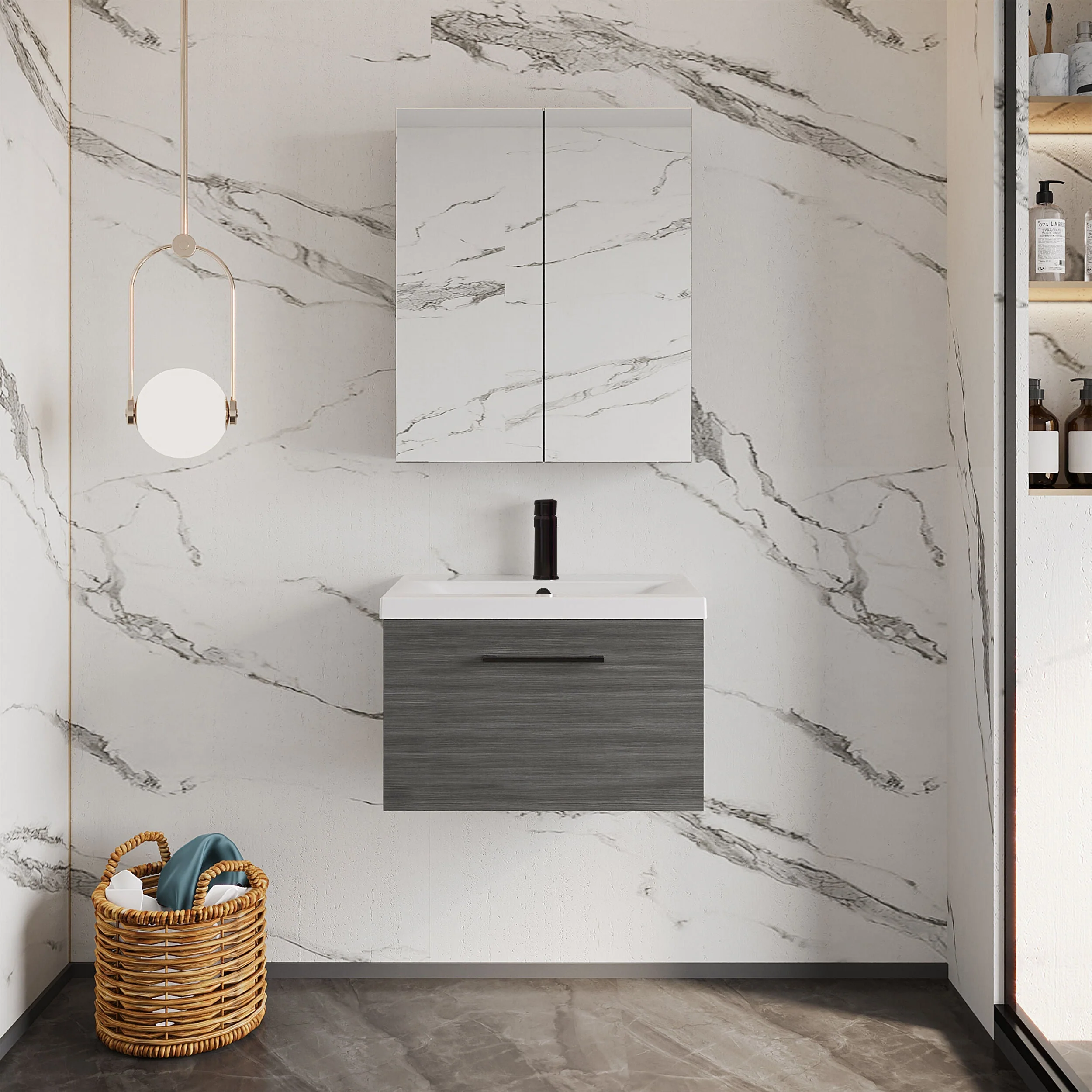 Bramshall Wall Hung 1 Drawer Vanity Unit with Mid-Edge Ceramic Basin 600mm - Image 65