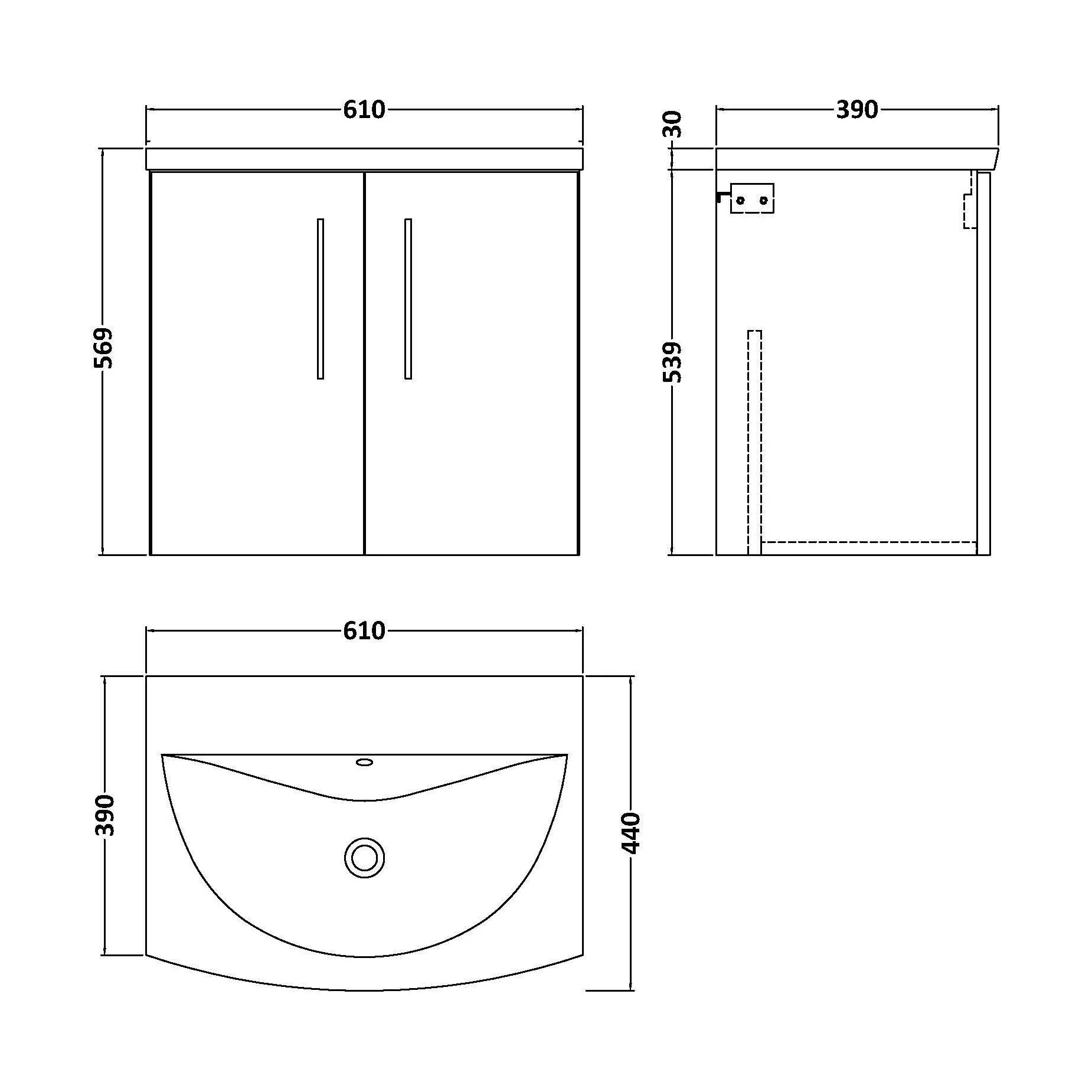 Balterley Contemporary Bathroom 2-Door Wall-Hung Curved Basin Vanity Unit, Dark Grey, 600mm - Image 2