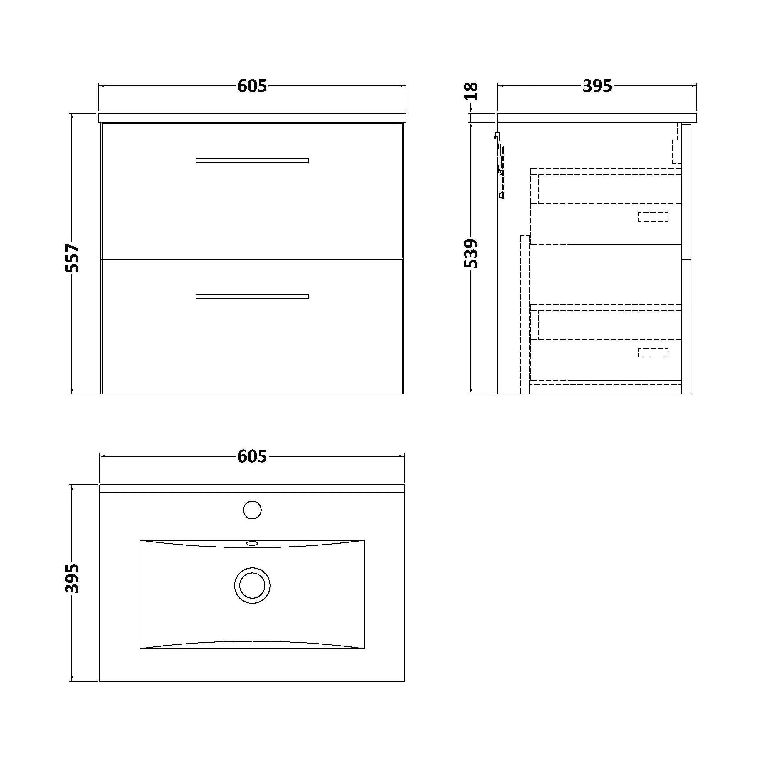 Balterley Level Modern Bathroom 2 Soft Close Drawer & Minimalist Wall Hung Vanity Unit Basin, Satin Grey, 440mm - Image 2