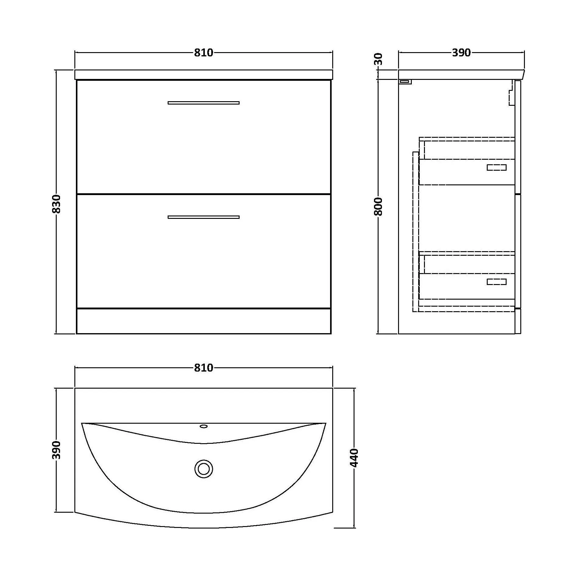 Balterley  Modern Bathroom Floor Standing 2 Soft Close Drawer Vanity Unit & Curved Basin, Satin Grey, 800mm - Image 2