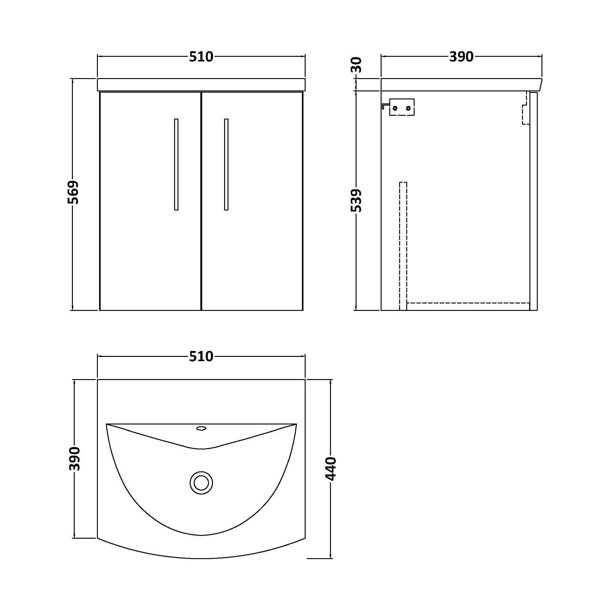 Balterley  Modern Bathroom Wall Hung 2-Door Vanity & Basin, Midnight Blue, 500mm - Image 2