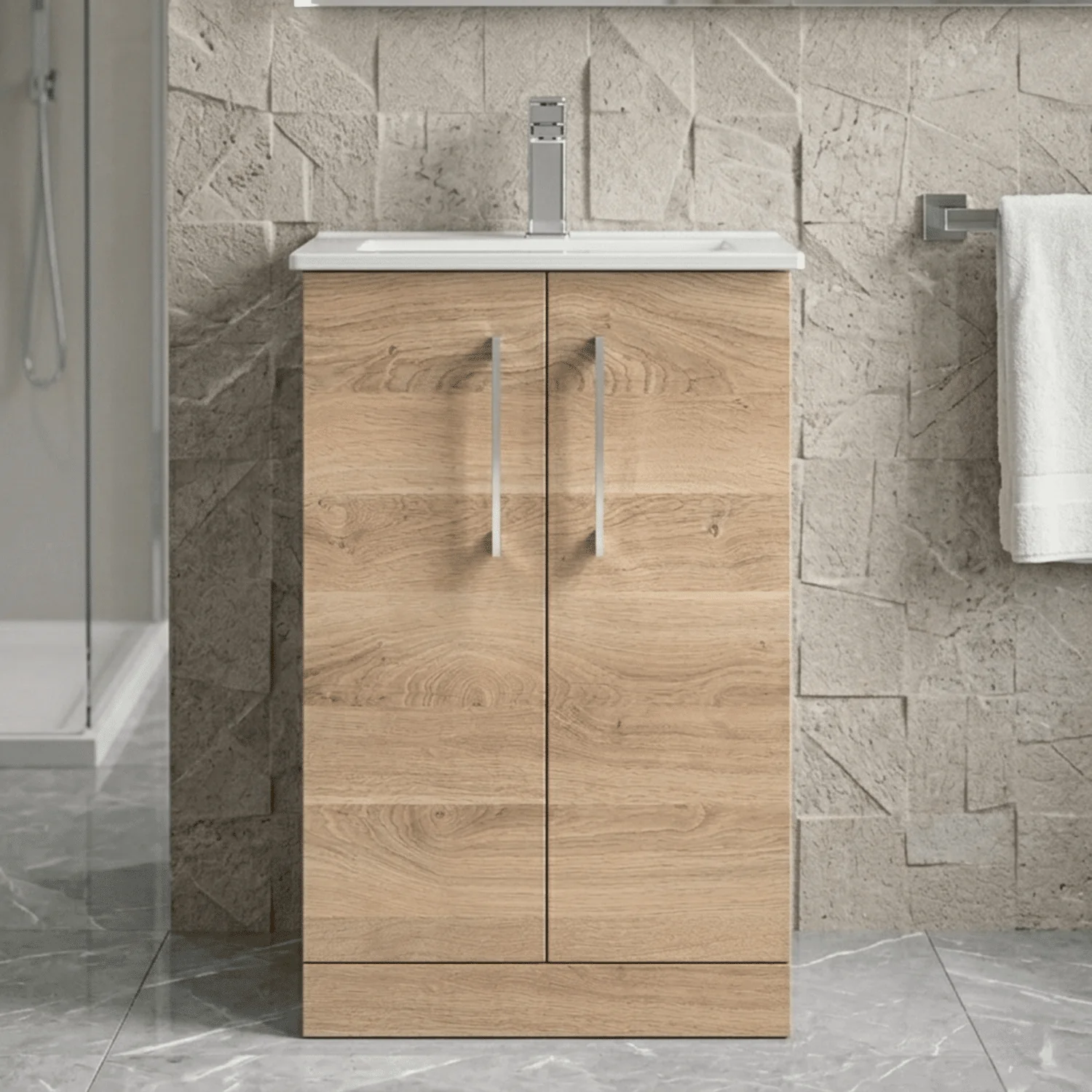 Balterley  Contemporary Bathroom 2 Soft Close Door & Minimalist Floor Standing Vanity Unit Basin, Bleached Oak, 500mm