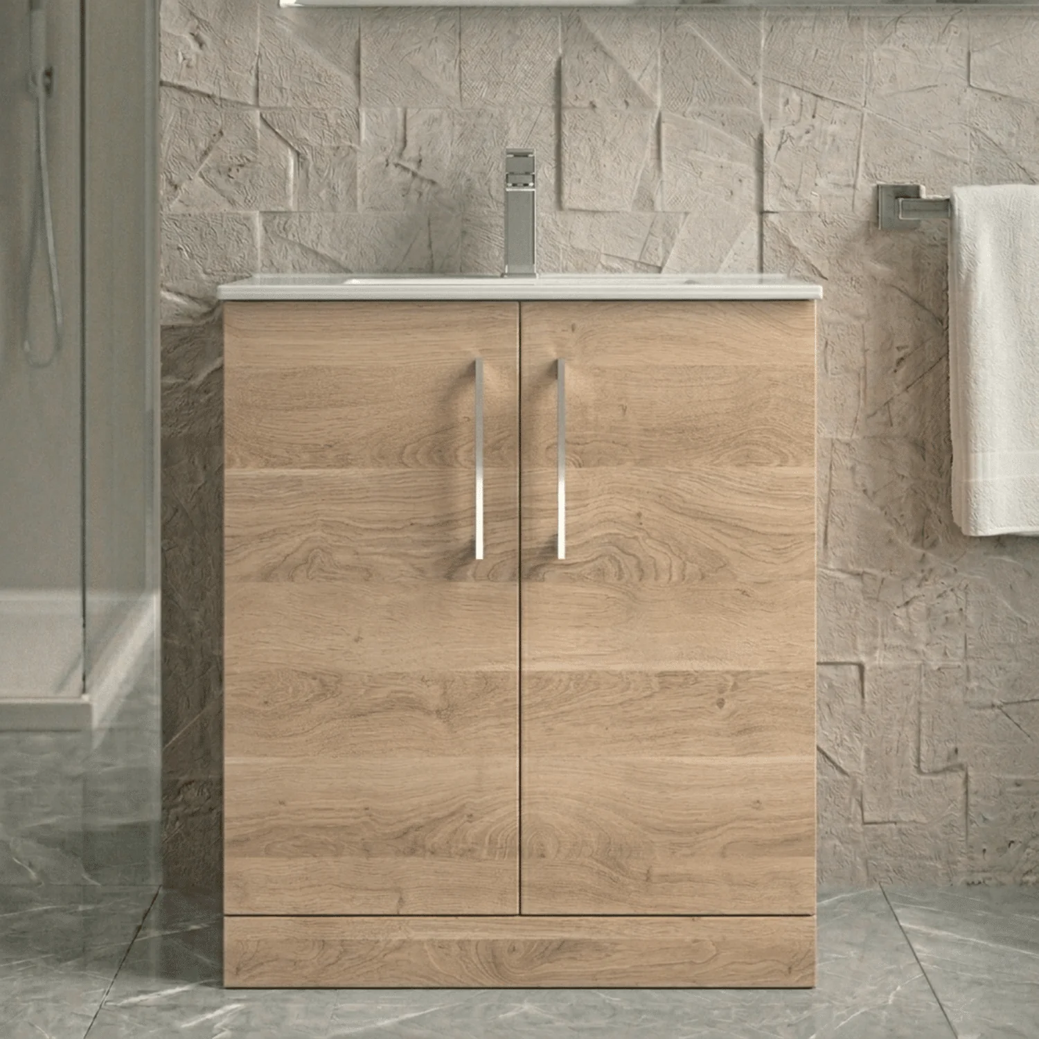 Balterley Contemporary Bathroom 2 Soft Close Door & Minimalist Floor Standing Vanity Unit Basin, Bleached Oak, 800mm