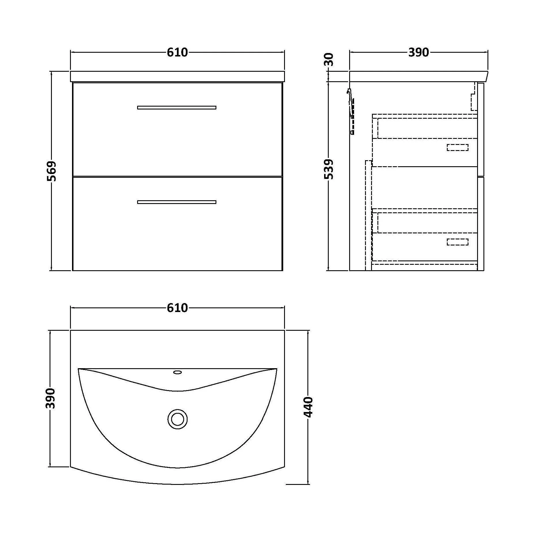 Balterley  Modern Bathroom Wall Hung 2-Drawer Vanity & Basin, Bleached Oak, 600mm - Image 2