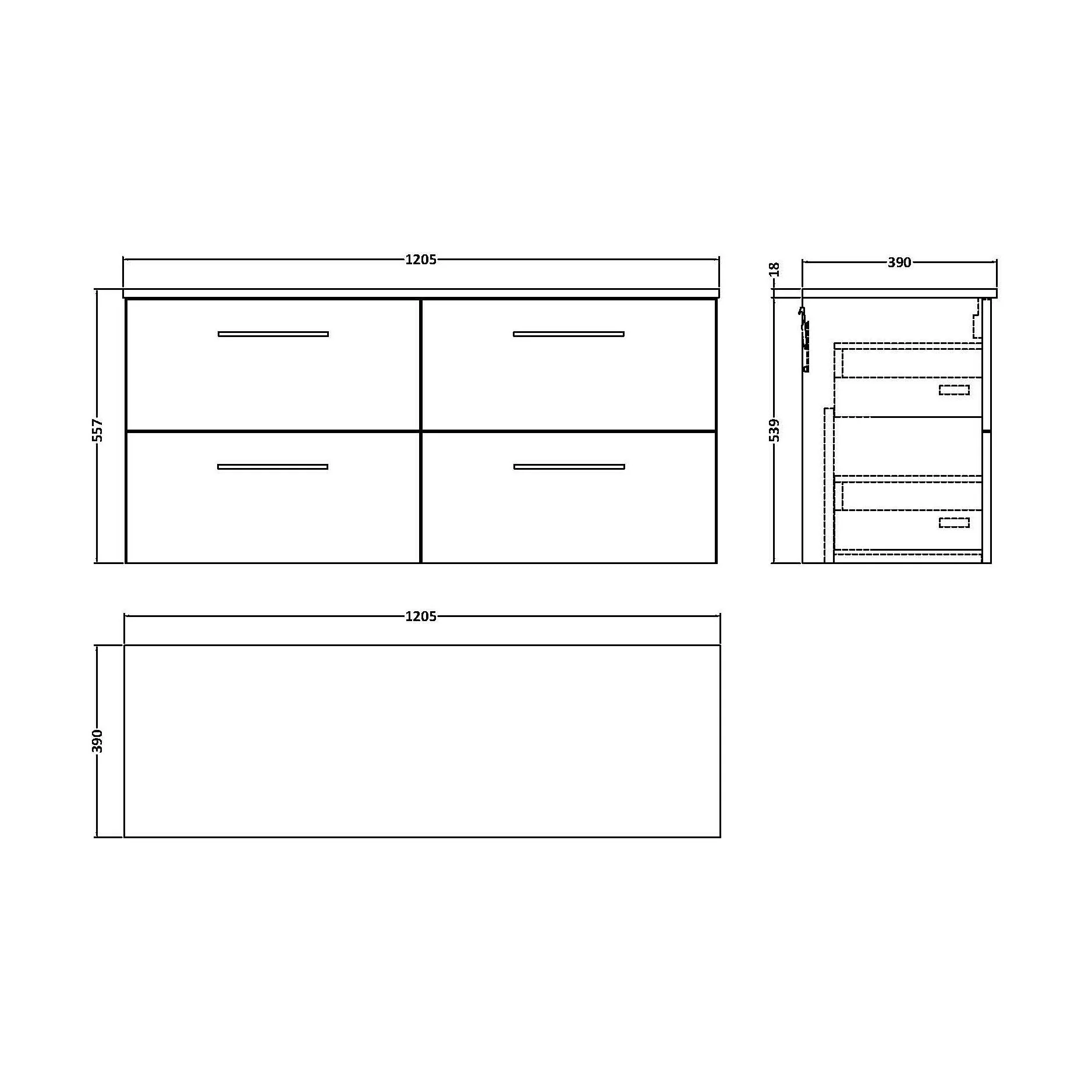 Balterley Level Modern Bathroom 1200mm Wall Hung 4 Soft Close Drawer Vanity Unit with Worktop, 558 x 1205 x 390mm, Bleached Oak - Image 2