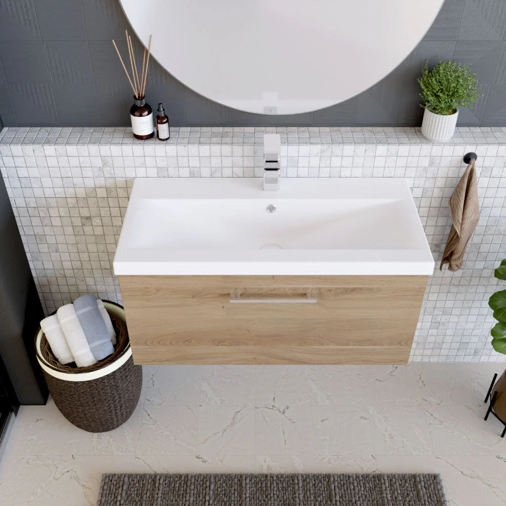 Balterley Contemporary Bathroom Wall Hung 1 Soft-Close Drawer Vanity Unit & Mid-Edge Ceramic Basin, Bleached Oak, 800 mm - Image 3