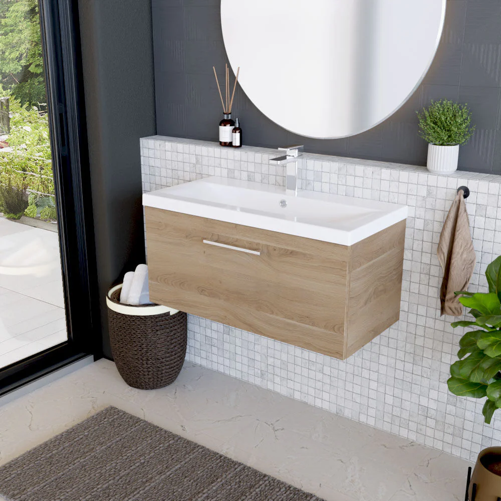 Balterley Contemporary Bathroom Wall Hung 1 Soft-Close Drawer Vanity Unit & Mid-Edge Ceramic Basin, Bleached Oak, 800 mm - Image 4
