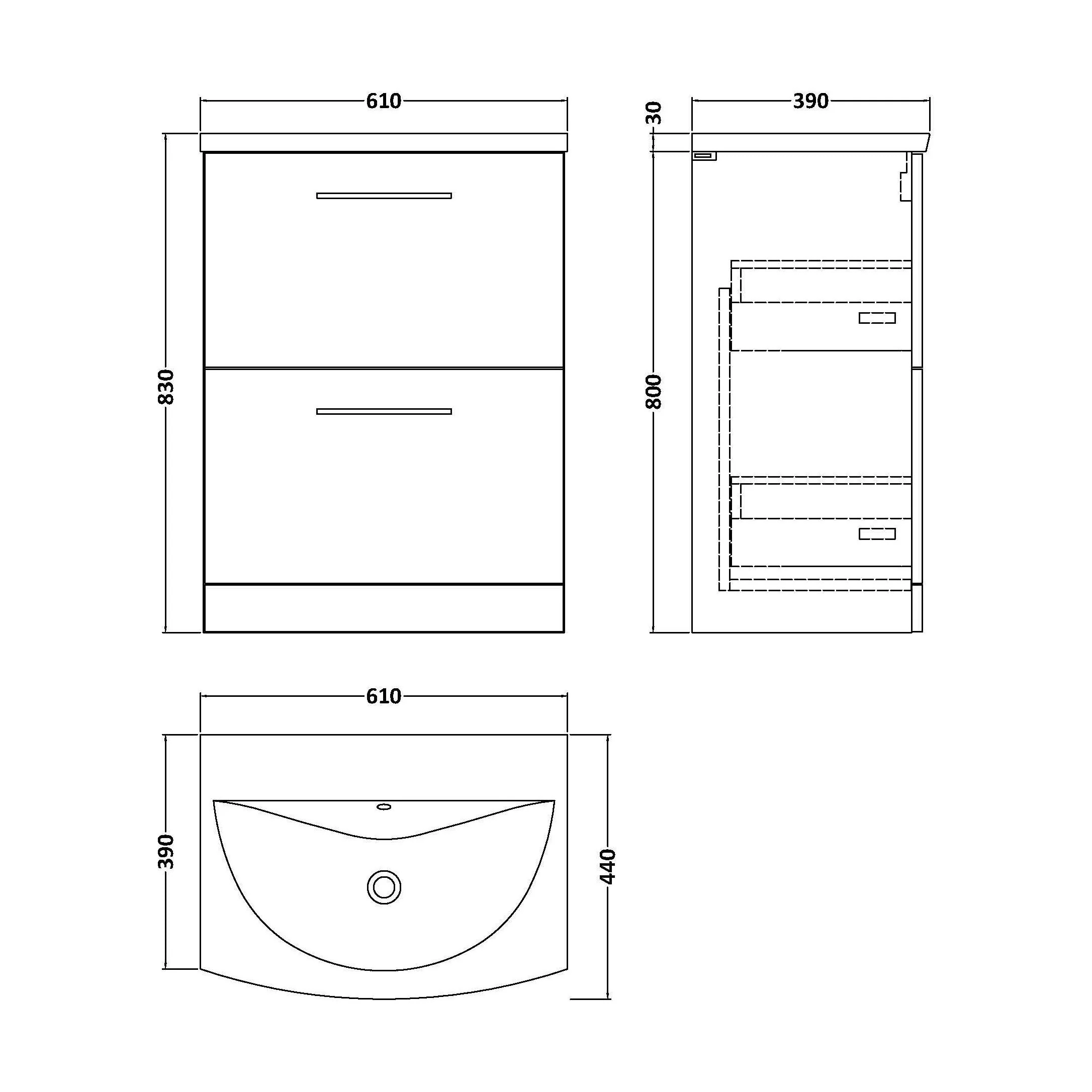 Balterley  Modern Bathroom Floor Standing 2-Drawer Vanity & Basin, Bleached Oak, 600mm - Image 2