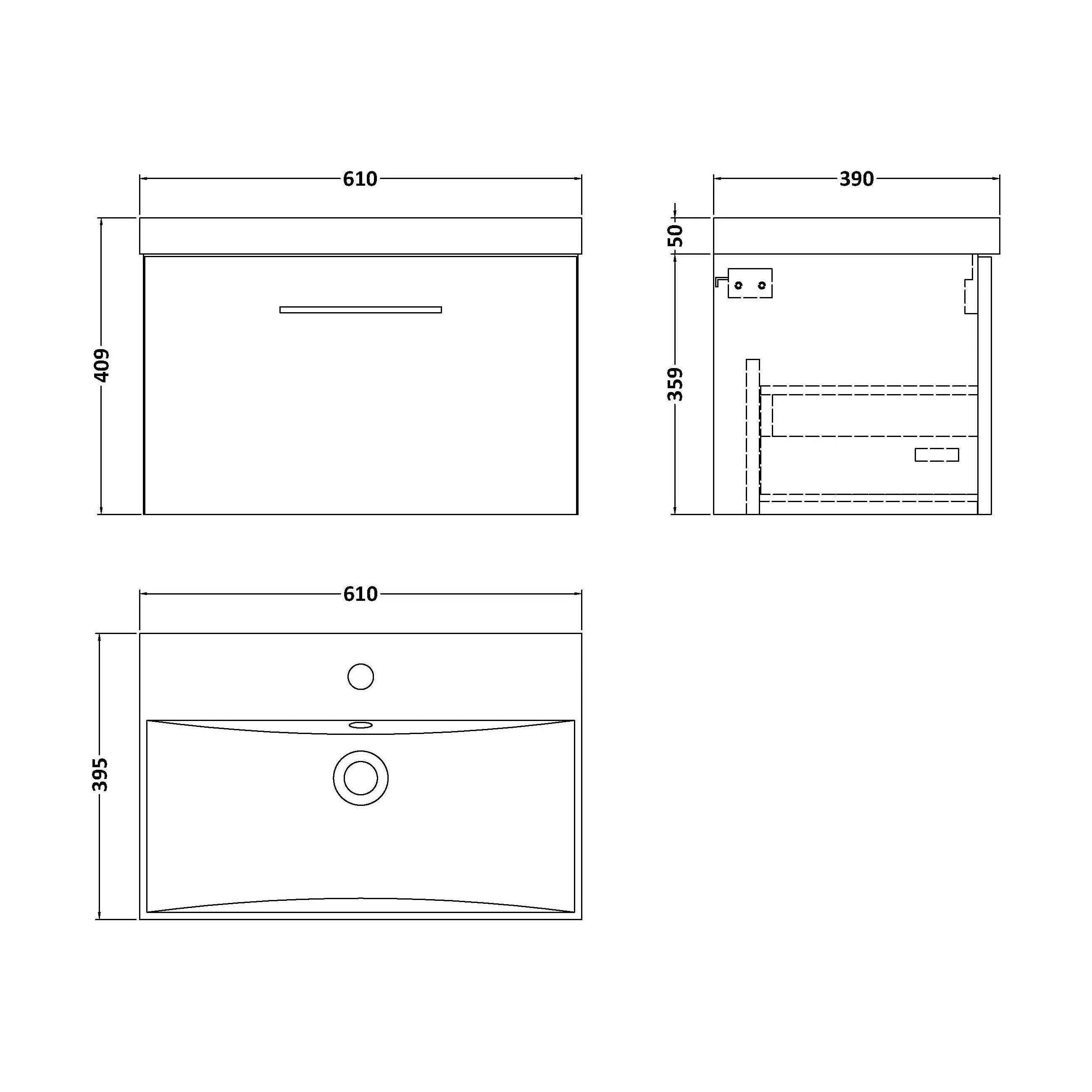 Balterley  Contemporary Bathroom Wall Hung 1-Drawer Vanity & Thin-Edge Basin, Anthracite, 600mm - Image 2