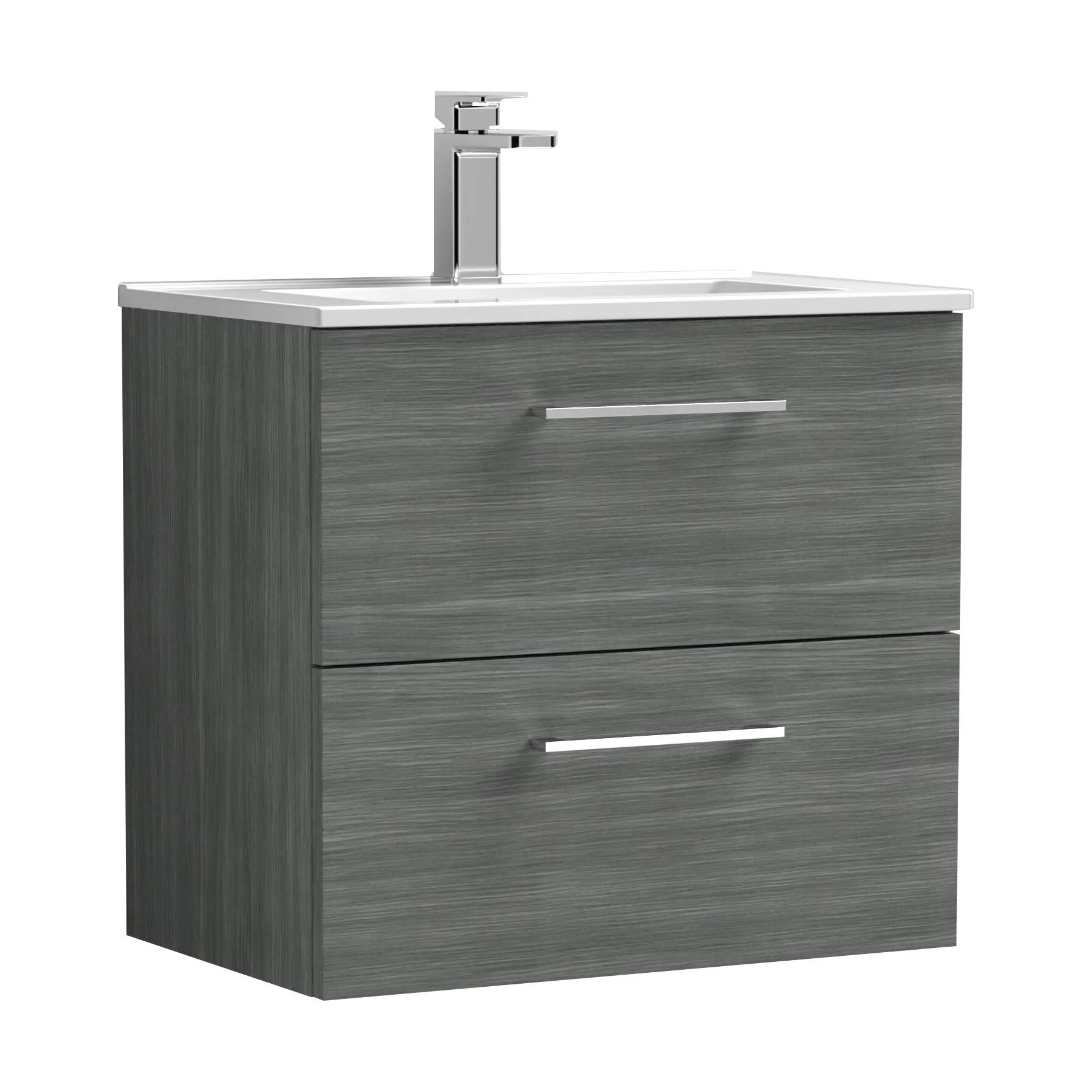 Balterley  Contemporary Bathroom 2 Soft Close Drawer & Minimalist Wall Hung Vanity Unit Basin, Anthracite Woodgrain, 600mm