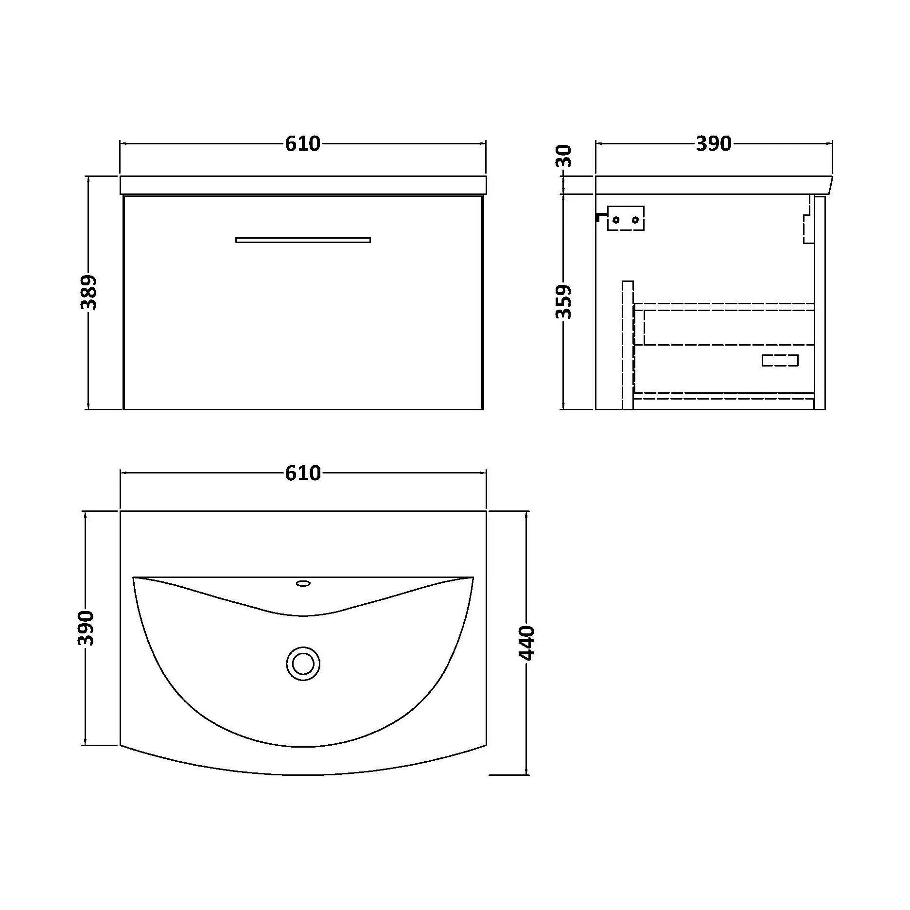 Balterley Modern Bathroom 1 Soft Close Drawer Wall Hung Vanity & Curved Basin, Charcoal Black, 600mm - Image 2