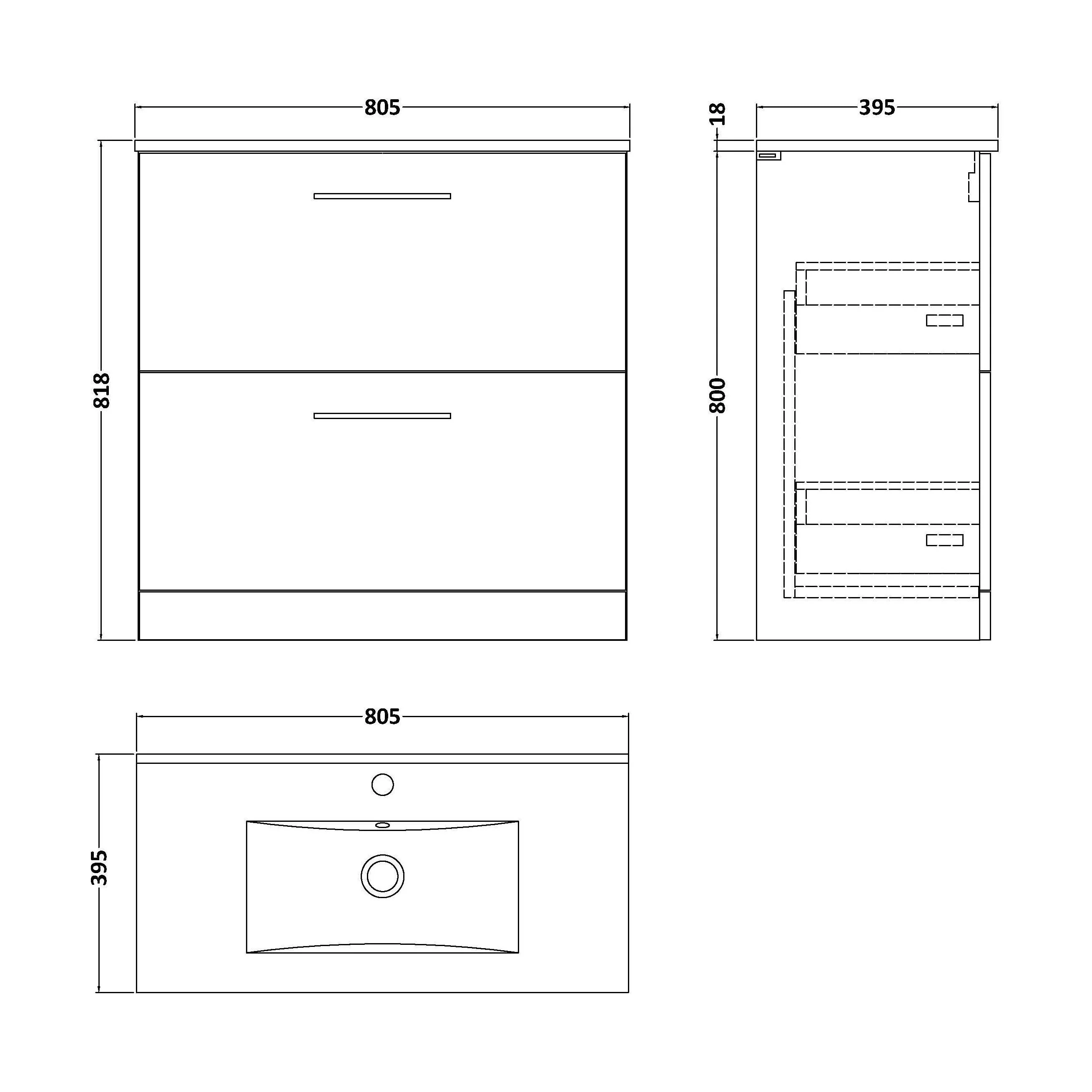 Balterley Contemporary Bathroom 2 Soft Close Drawer & Minimalist Floor Standing Vanity Unit Basin, Charcoal Black, 800mm - Image 2