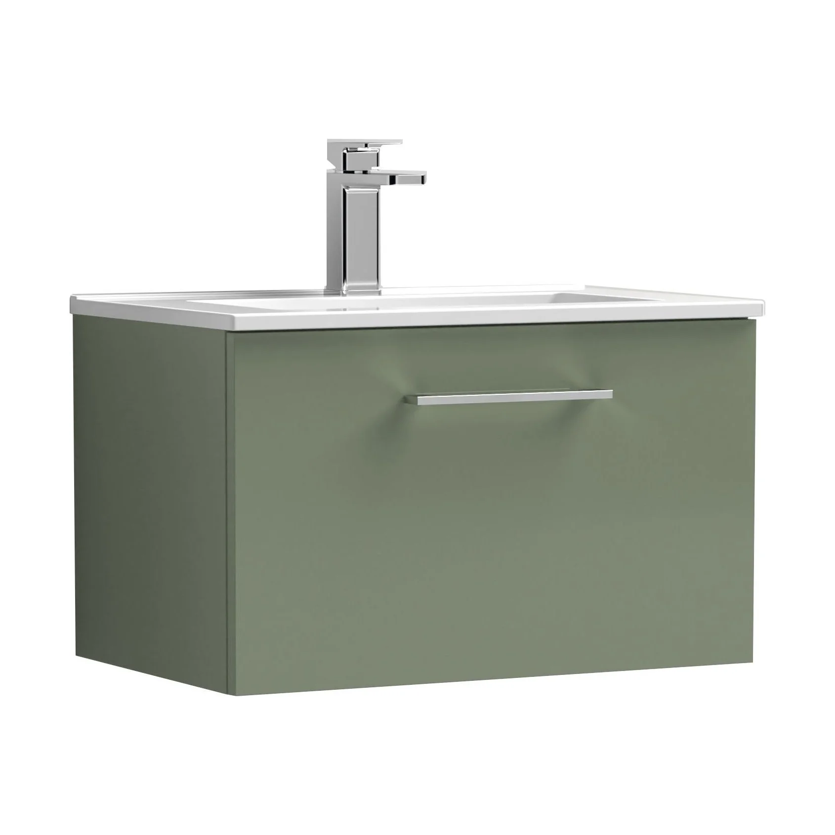 Balterley Contemporary Bathroom 1 Soft Close Drawer & Minimalist Wall Hung Vanity Unit Basin, Satin Green, 600mm