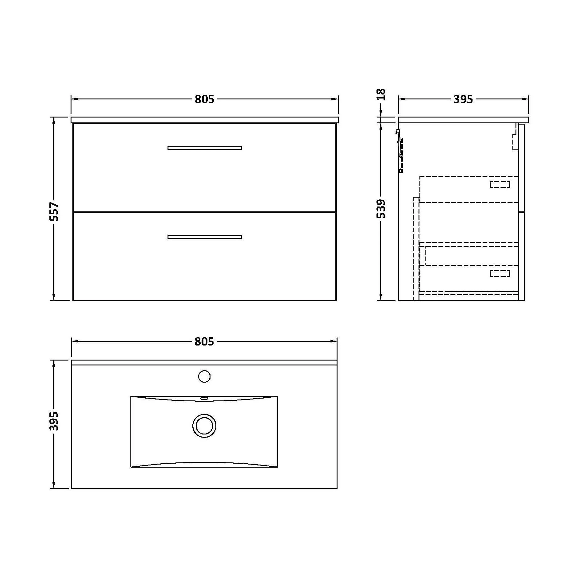 Balterley  Contemporary Bathroom 2 Soft Close Drawer & Minimalist Wall Hung Vanity Unit Basin, Satin Green, 800mm - Image 2