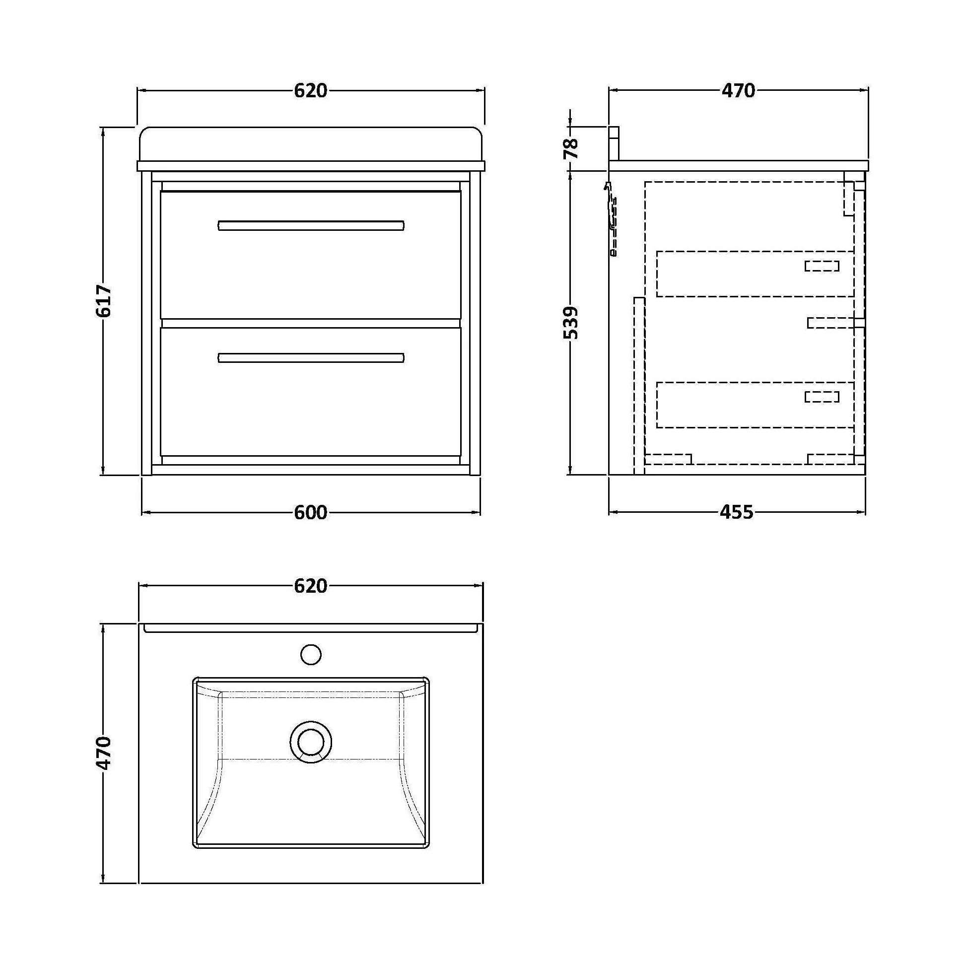 Balterley 600mm Wall Hung 2 Drawer Vanity with Marble Worktop Basin - Coastal Grey - Image 3