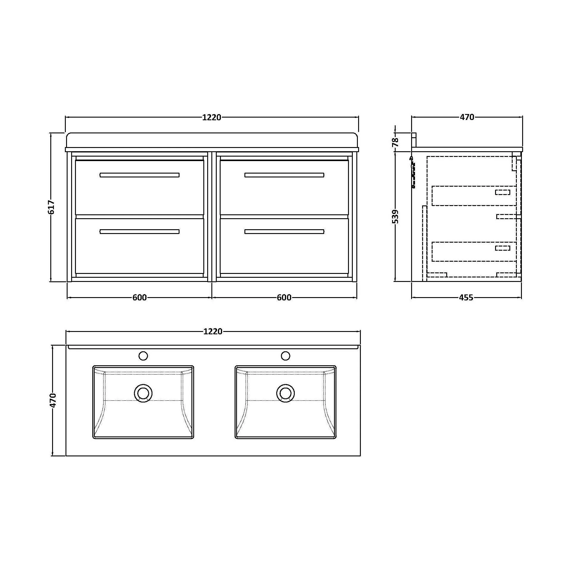 Balterley 1200mm Wall Hung 4 Drawer Vanity Unit with Double Marble Basins - Coastal Grey - Image 3
