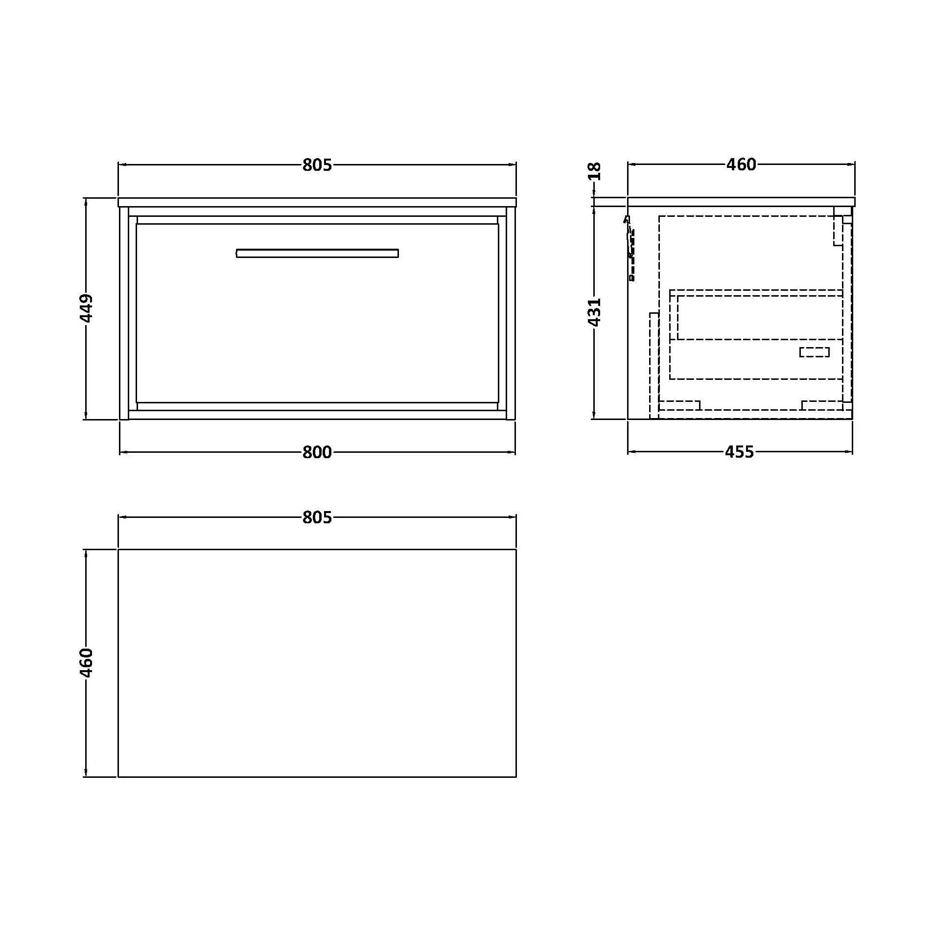Balterley 800mm Framed Design Wall Hung Single Drawer Vanity with Worktop - Coastal Grey - Image 2