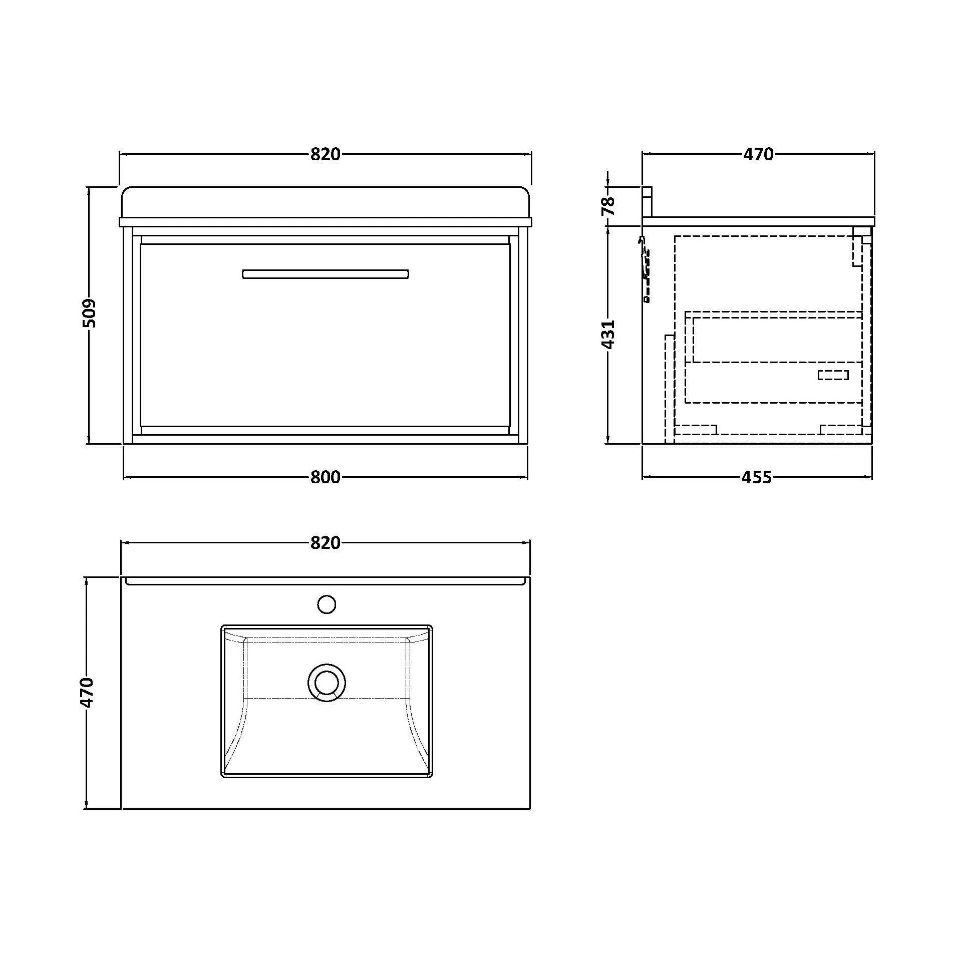 Balterley 800mm Wall Hung Single Drawer with Marble Worktop Basin - Coastal Grey - Image 3