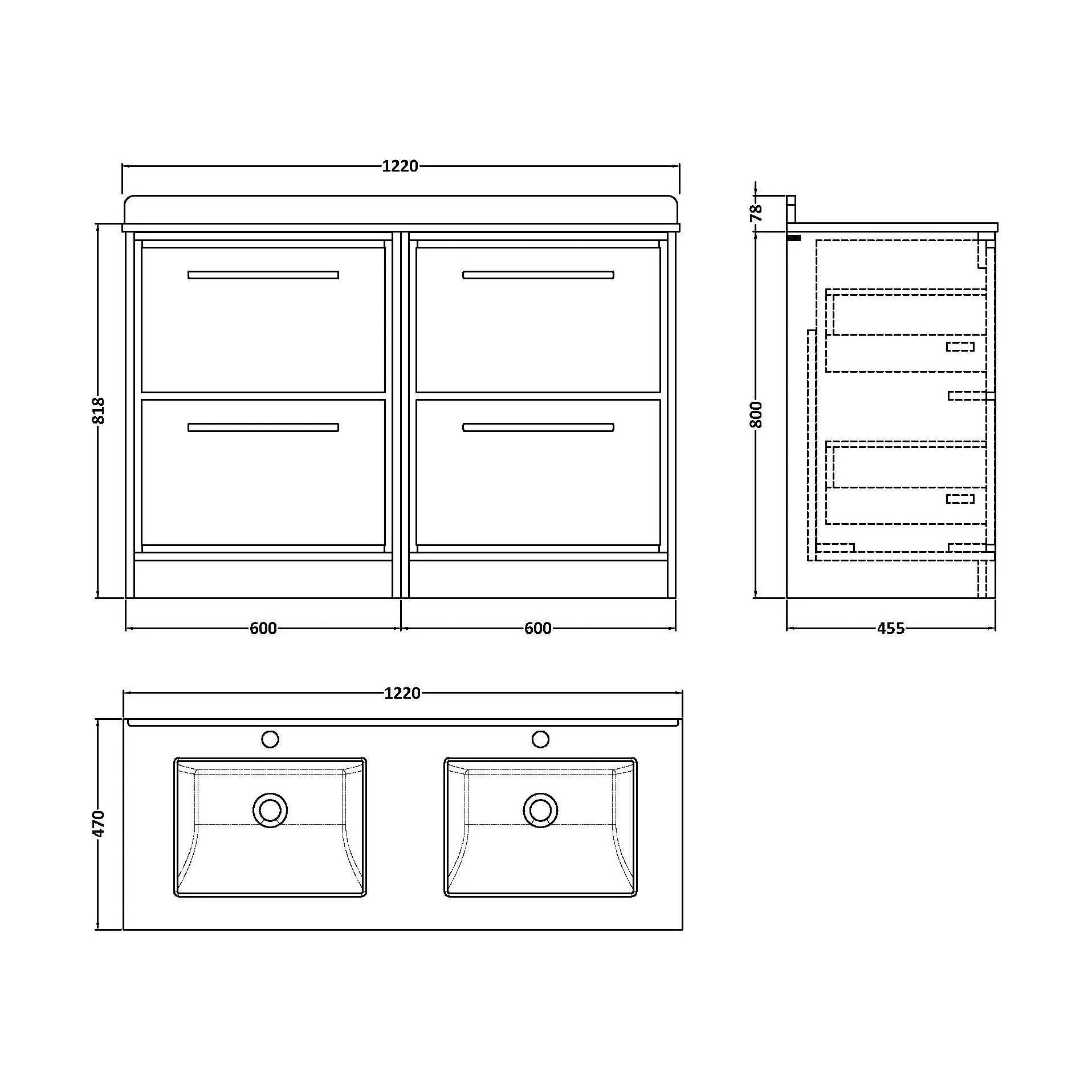 Balterley 1200mm Framed Design Floor Standing 4 Drawer Vanity with Marble Worktop Basin - Coastal Grey - Image 2