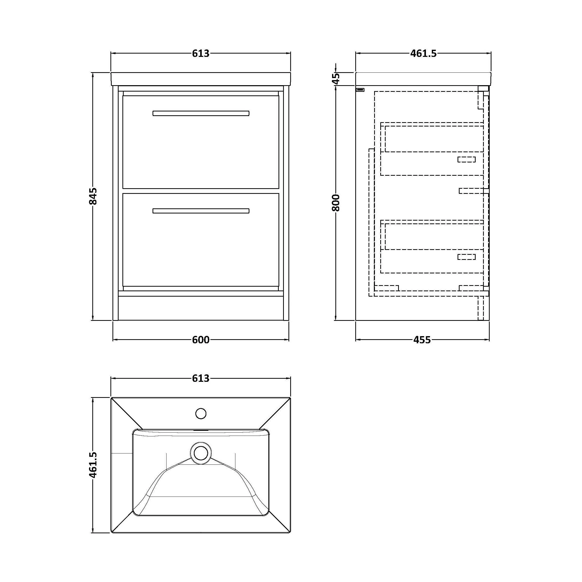 Balterley Modern Bathroom Floor Standing 2 Soft-Close Drawer Vanity Fireclay Basin, Fern Green, 600mm - Image 3