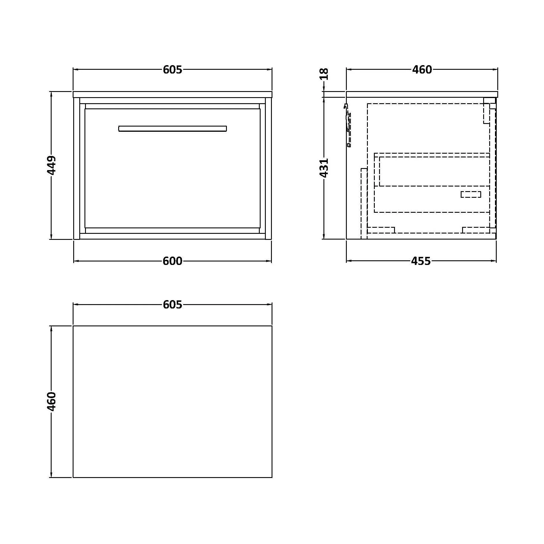 Balterley 600mm Framed Design Wall Hung Single Drawer Vanity with Worktop - Pebble Grey - Image 2